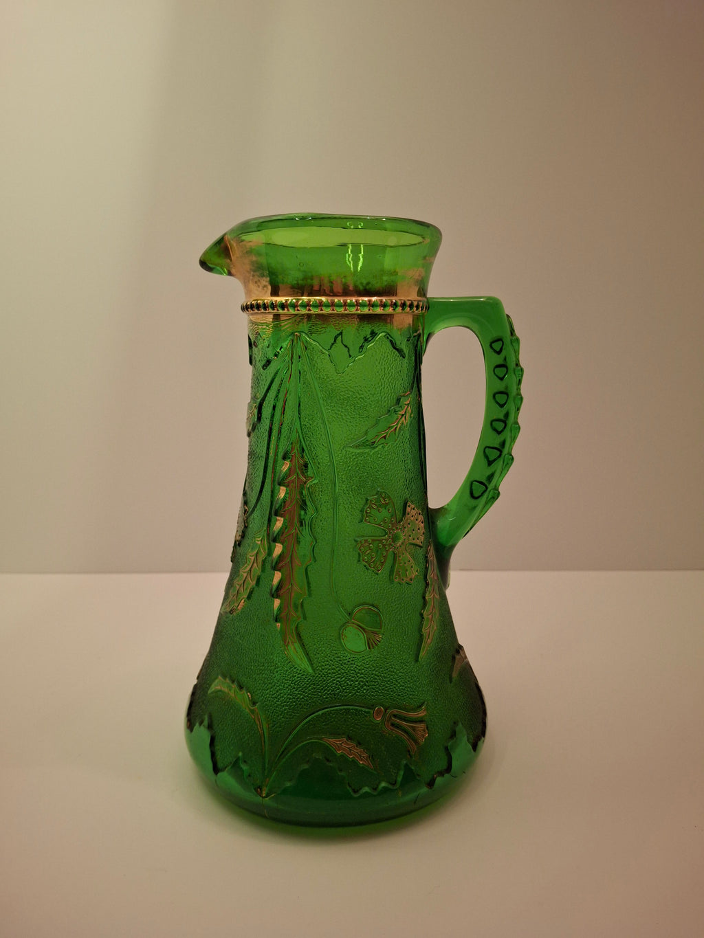 Antique EAPG U.S. Glass Company Delaware Pattern Emerald Green Pressed Glass Pitcher with Gold Accents, c.1899