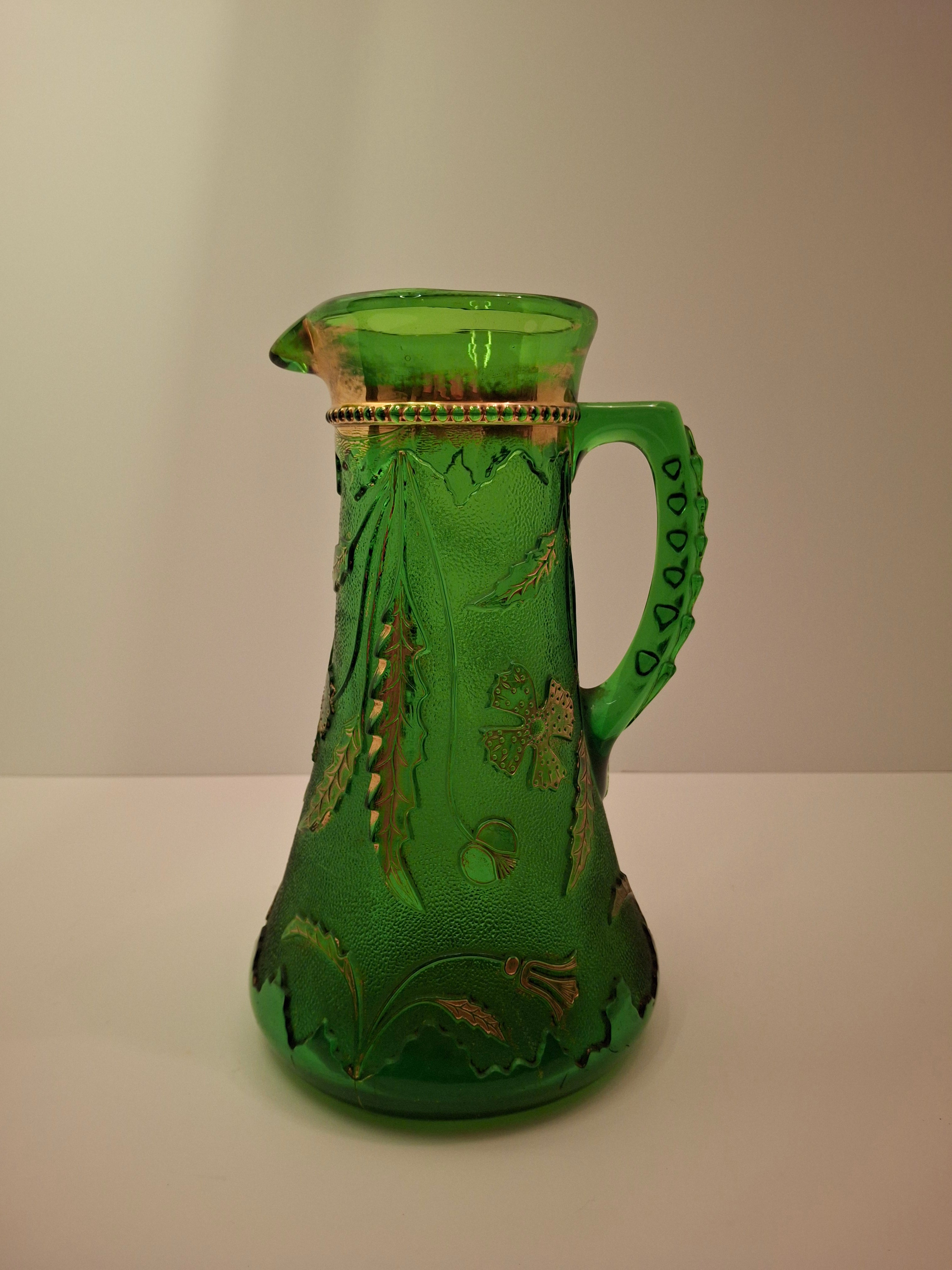 Antique EAPG U.S. Glass Company Delaware Pattern Emerald Green Pressed Glass Pitcher with Gold Accents, c.1899