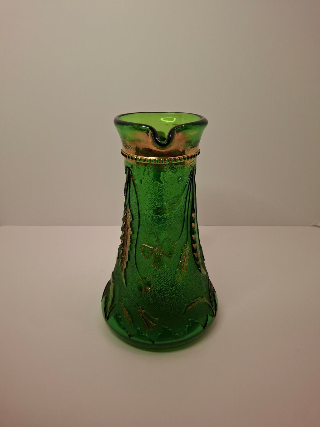 Antique EAPG U.S. Glass Company Delaware Pattern Emerald Green Pressed Glass Pitcher with Gold Accents, c.1899