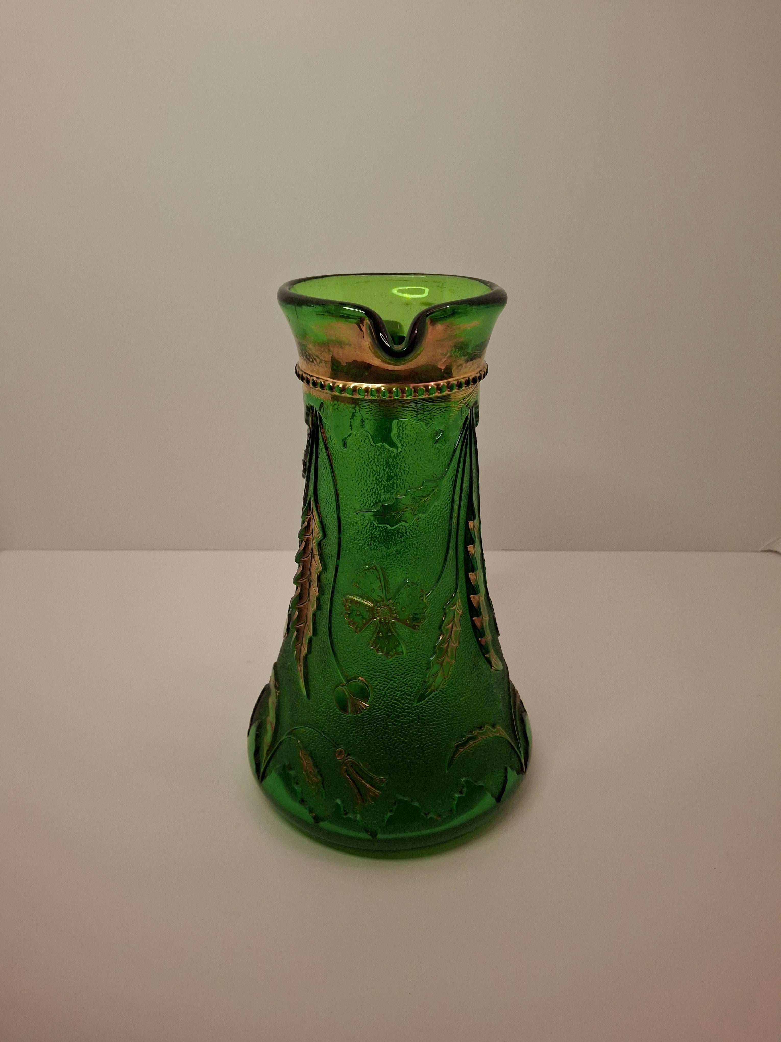 Antique EAPG U.S. Glass Company Delaware Pattern Emerald Green Pressed Glass Pitcher with Gold Accents, c.1899