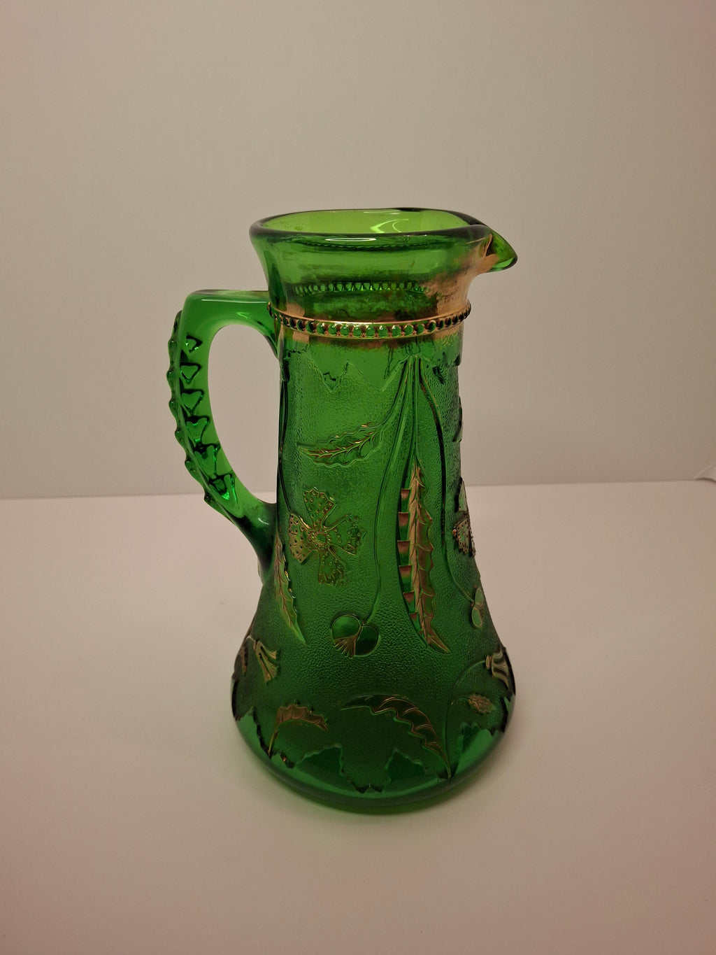 Antique EAPG U.S. Glass Company Delaware Pattern Emerald Green Pressed Glass Pitcher with Gold Accents, c.1899