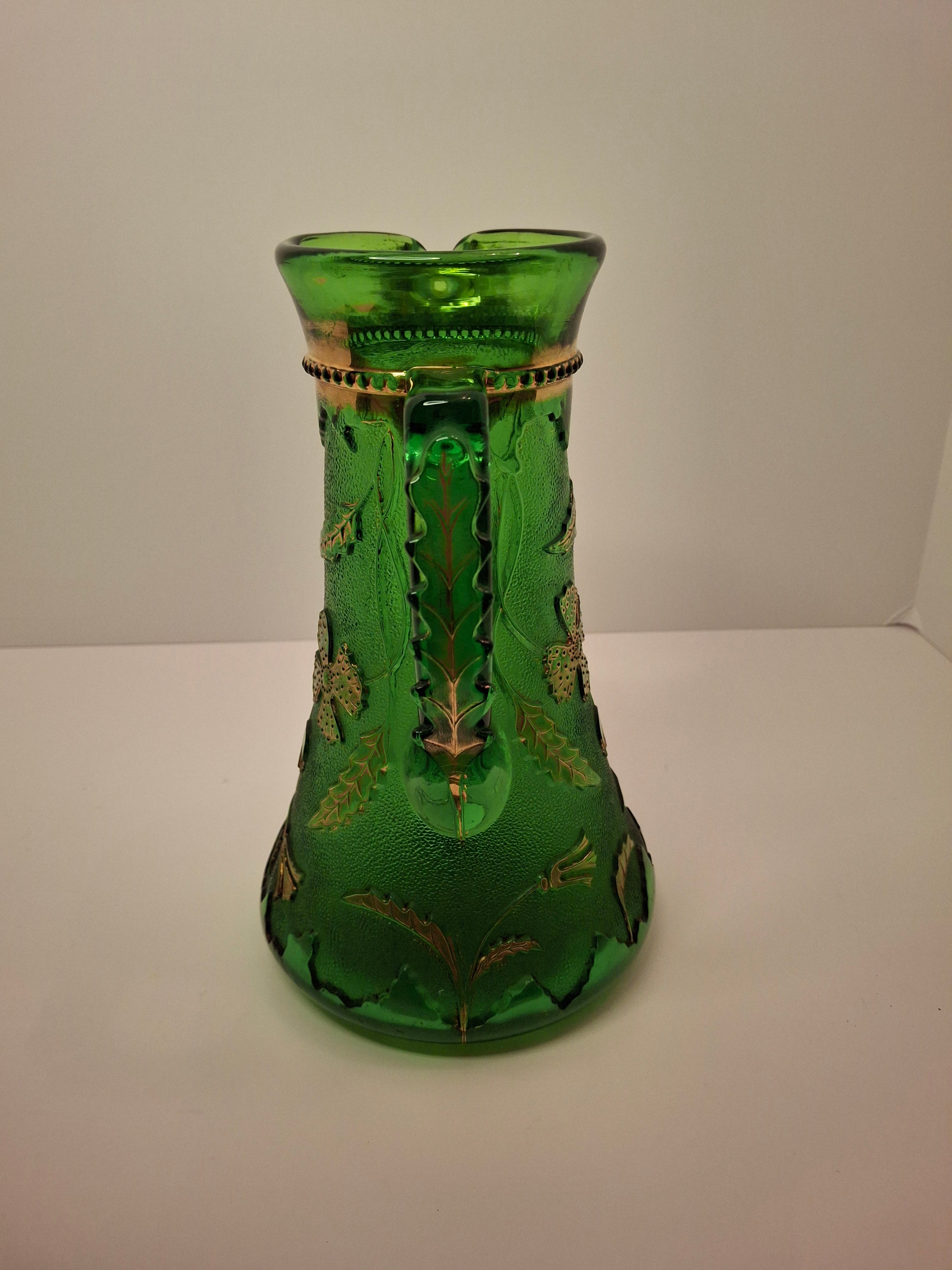 Antique EAPG U.S. Glass Company Delaware Pattern Emerald Green Pressed Glass Pitcher with Gold Accents, c.1899