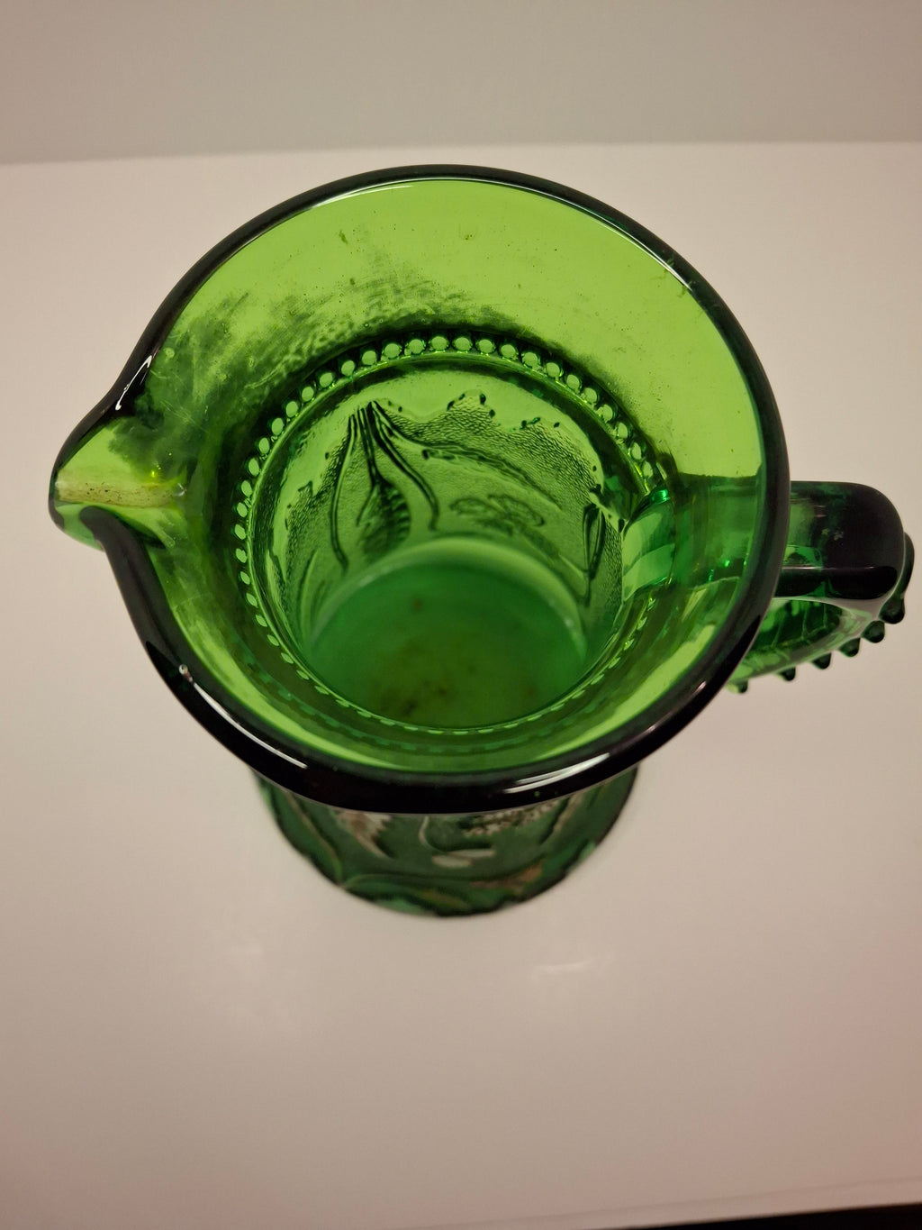 Antique EAPG U.S. Glass Company Delaware Pattern Emerald Green Pressed Glass Pitcher with Gold Accents, c.1899
