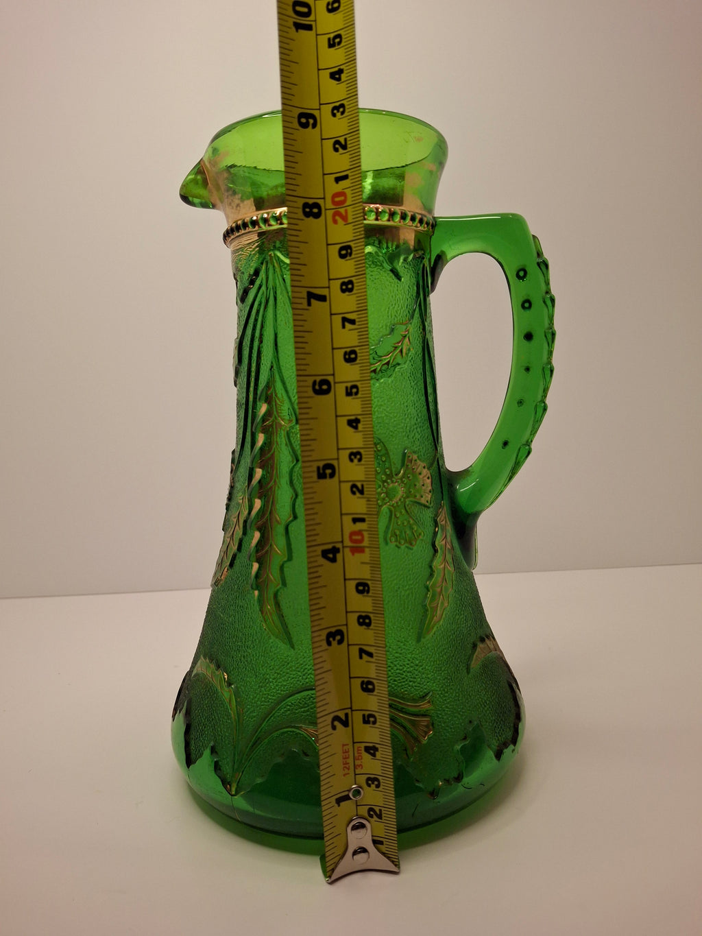Antique EAPG U.S. Glass Company Delaware Pattern Emerald Green Pressed Glass Pitcher with Gold Accents, c.1899