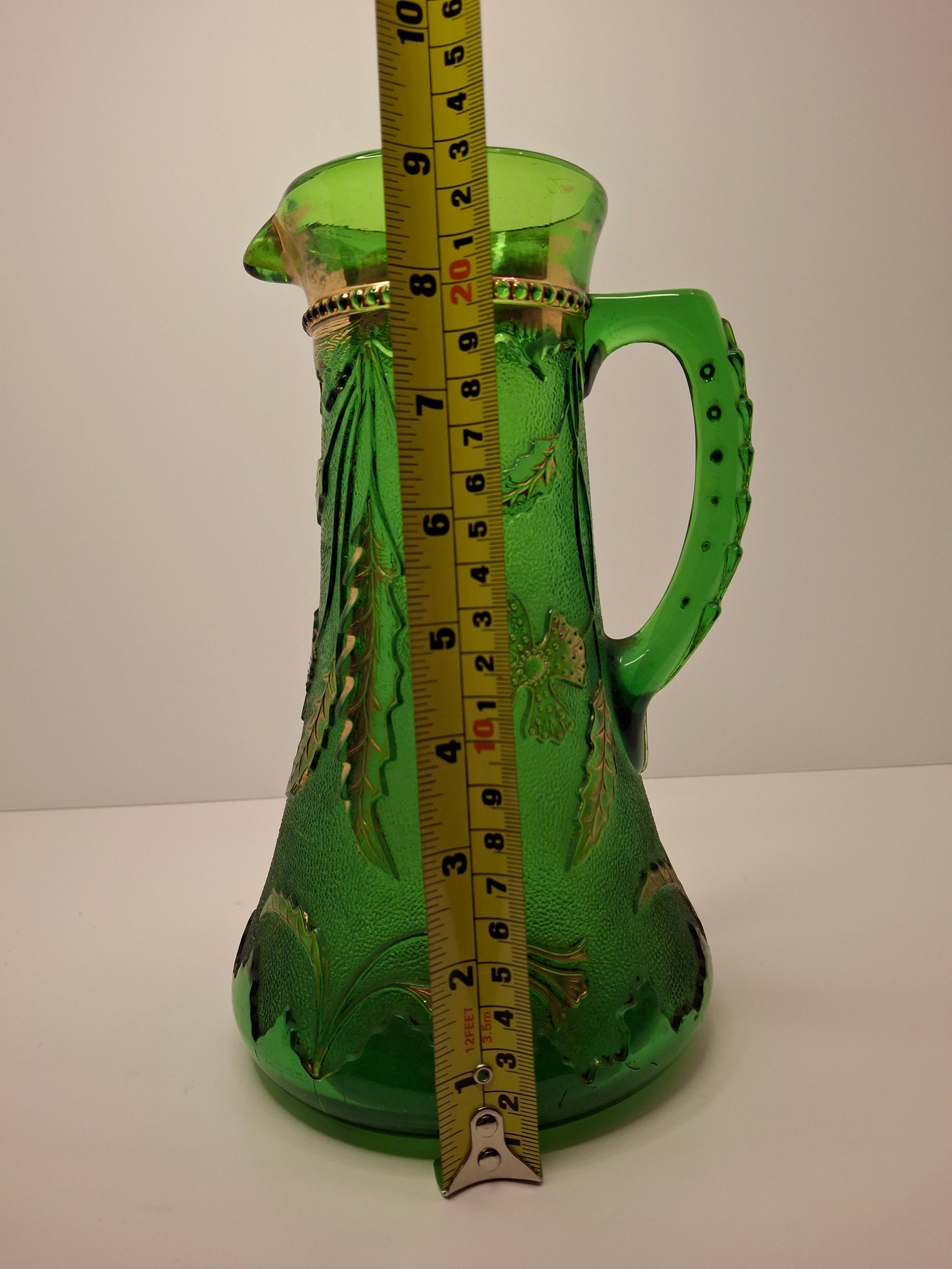 Antique EAPG U.S. Glass Company Delaware Pattern Emerald Green Pressed Glass Pitcher with Gold Accents, c.1899