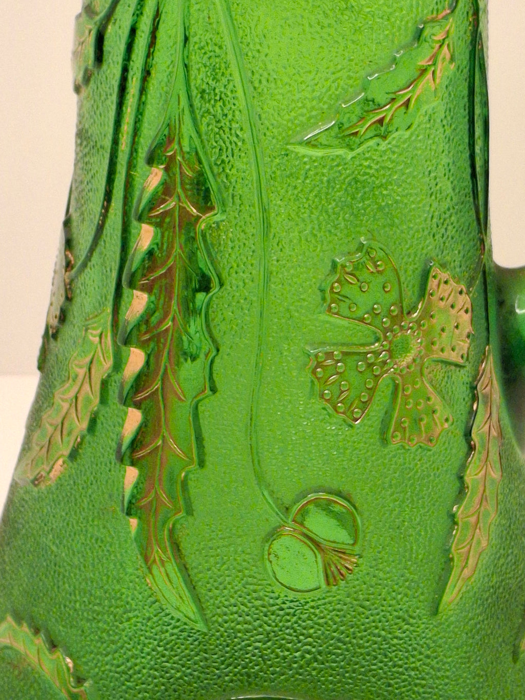 Antique EAPG U.S. Glass Company Delaware Pattern Emerald Green Pressed Glass Pitcher with Gold Accents, c.1899