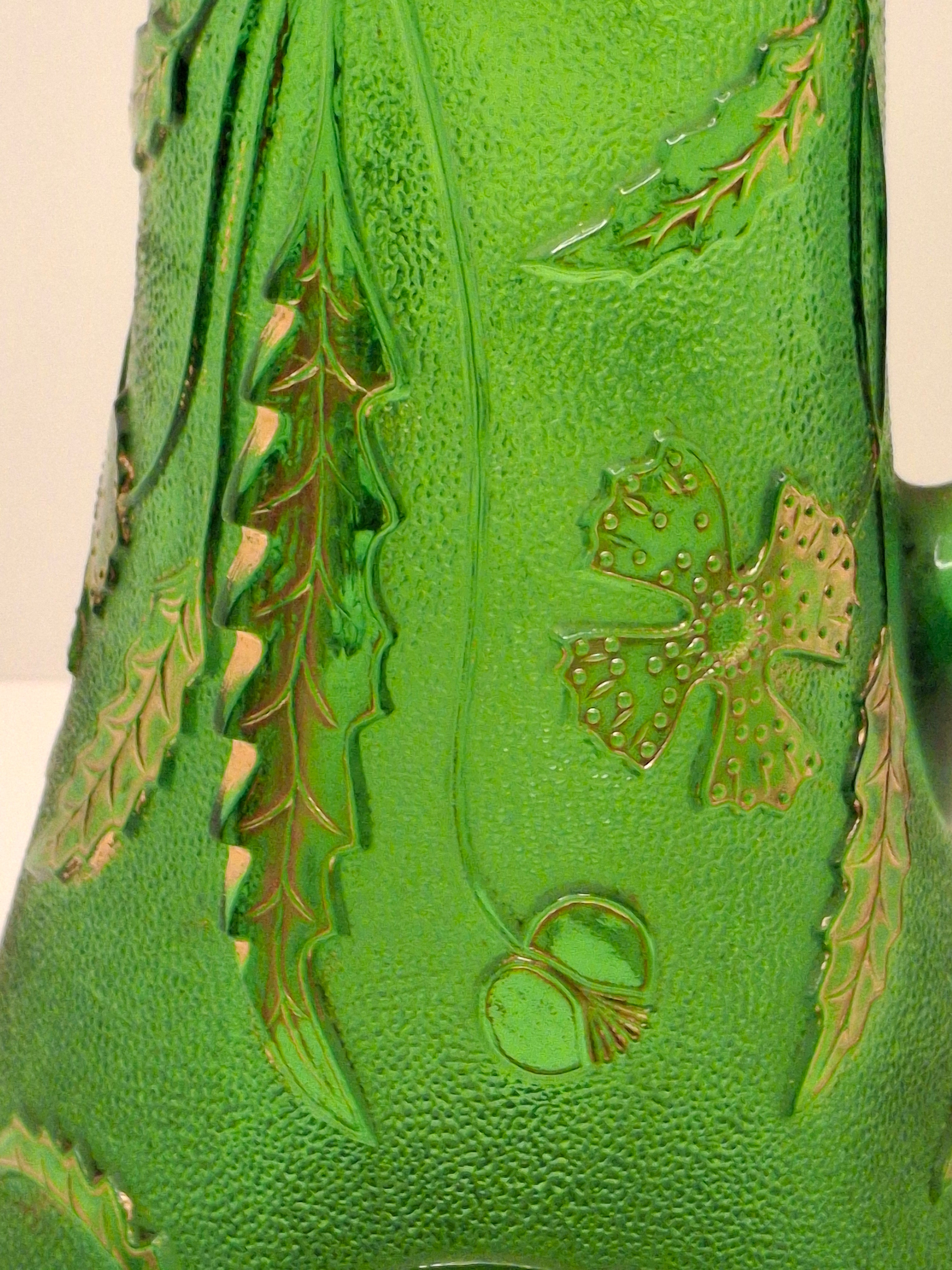 Antique EAPG U.S. Glass Company Delaware Pattern Emerald Green Pressed Glass Pitcher with Gold Accents, c.1899