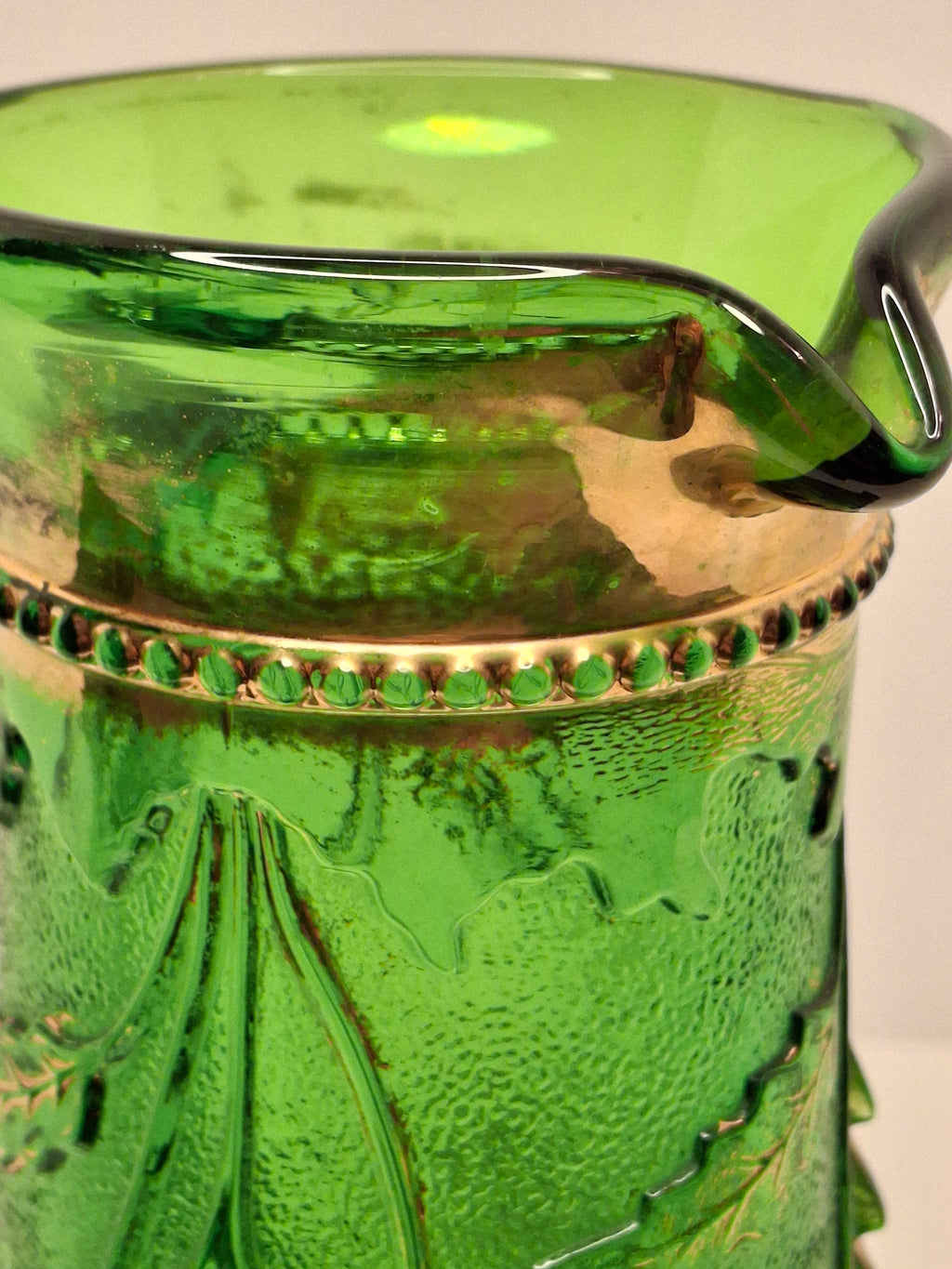 Antique EAPG U.S. Glass Company Delaware Pattern Emerald Green Pressed Glass Pitcher with Gold Accents, c.1899