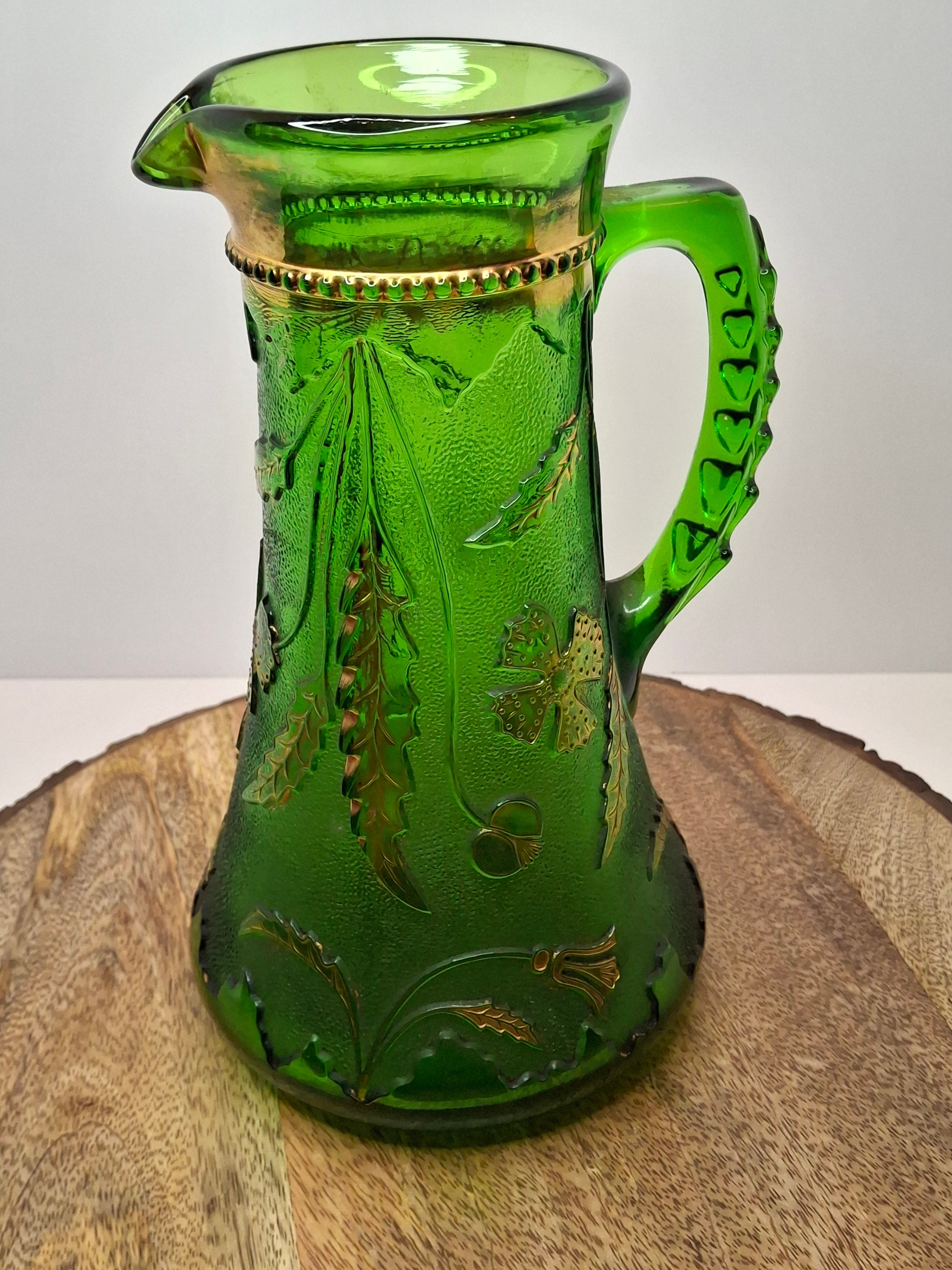 Antique EAPG U.S. Glass Company Delaware Pattern Emerald Green Pressed Glass Pitcher with Gold Accents, c.1899