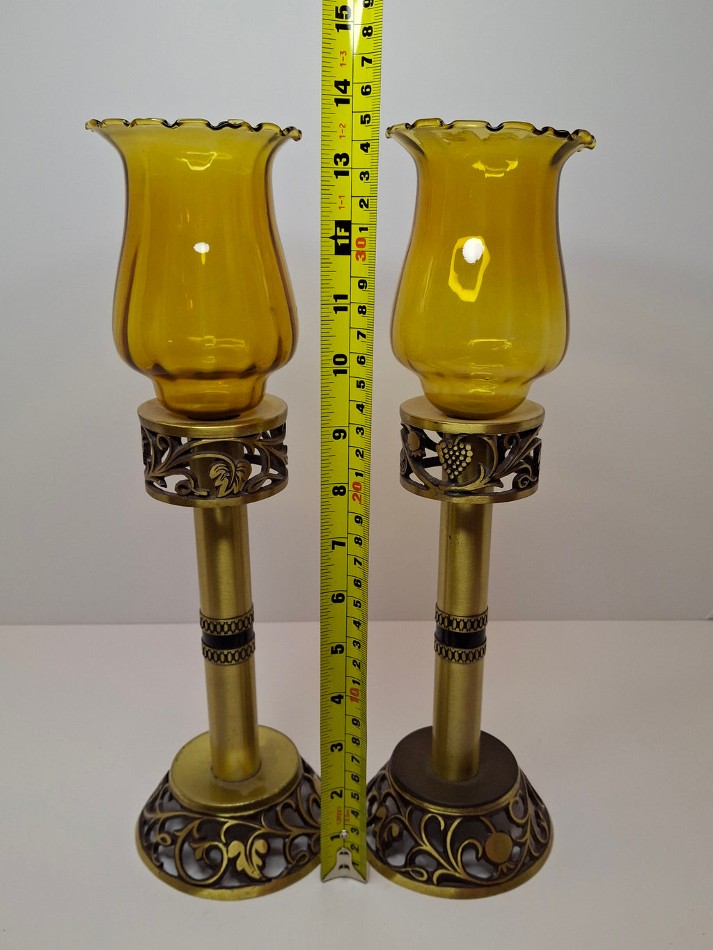 Oppenheim Vintage Israeli Brass Shabbat Candlesticks Glass Hurricane Shades
