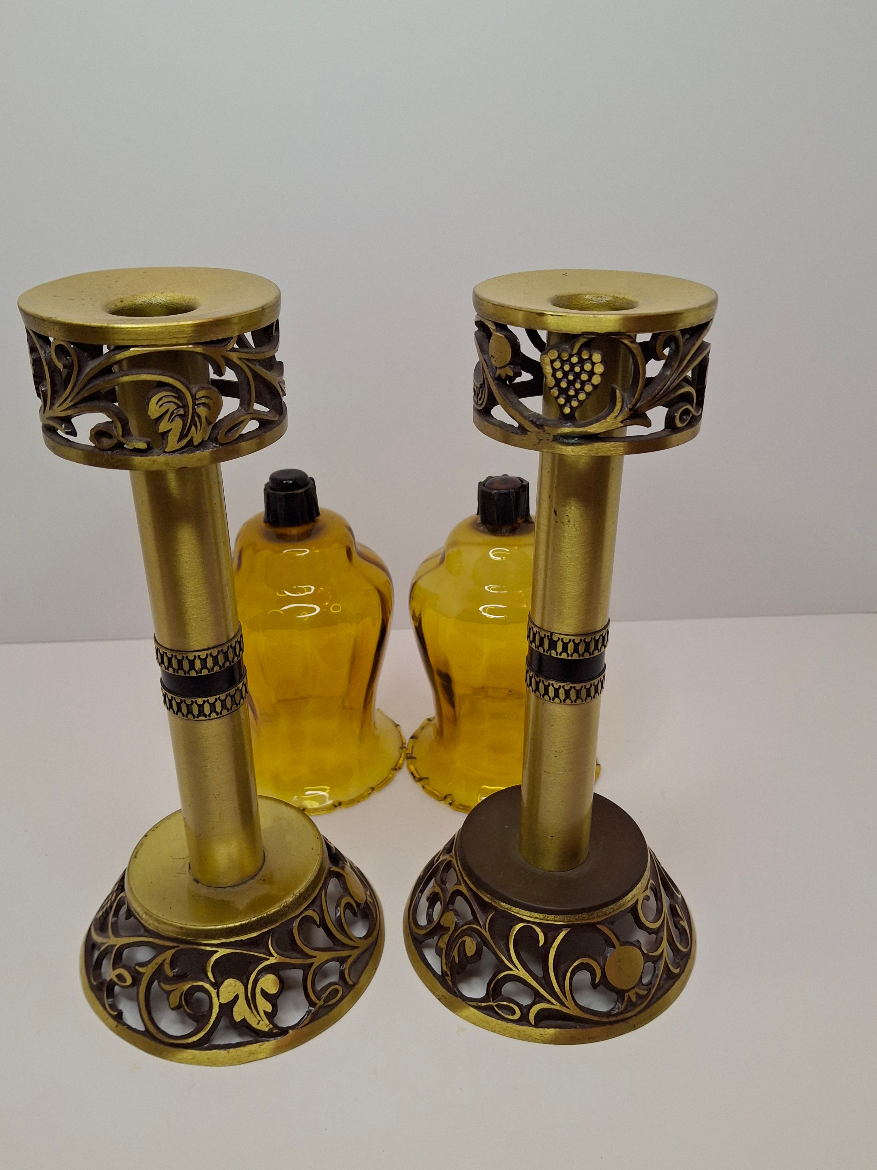 Oppenheim Vintage Israeli Brass Shabbat Candlesticks Glass Hurricane Shades