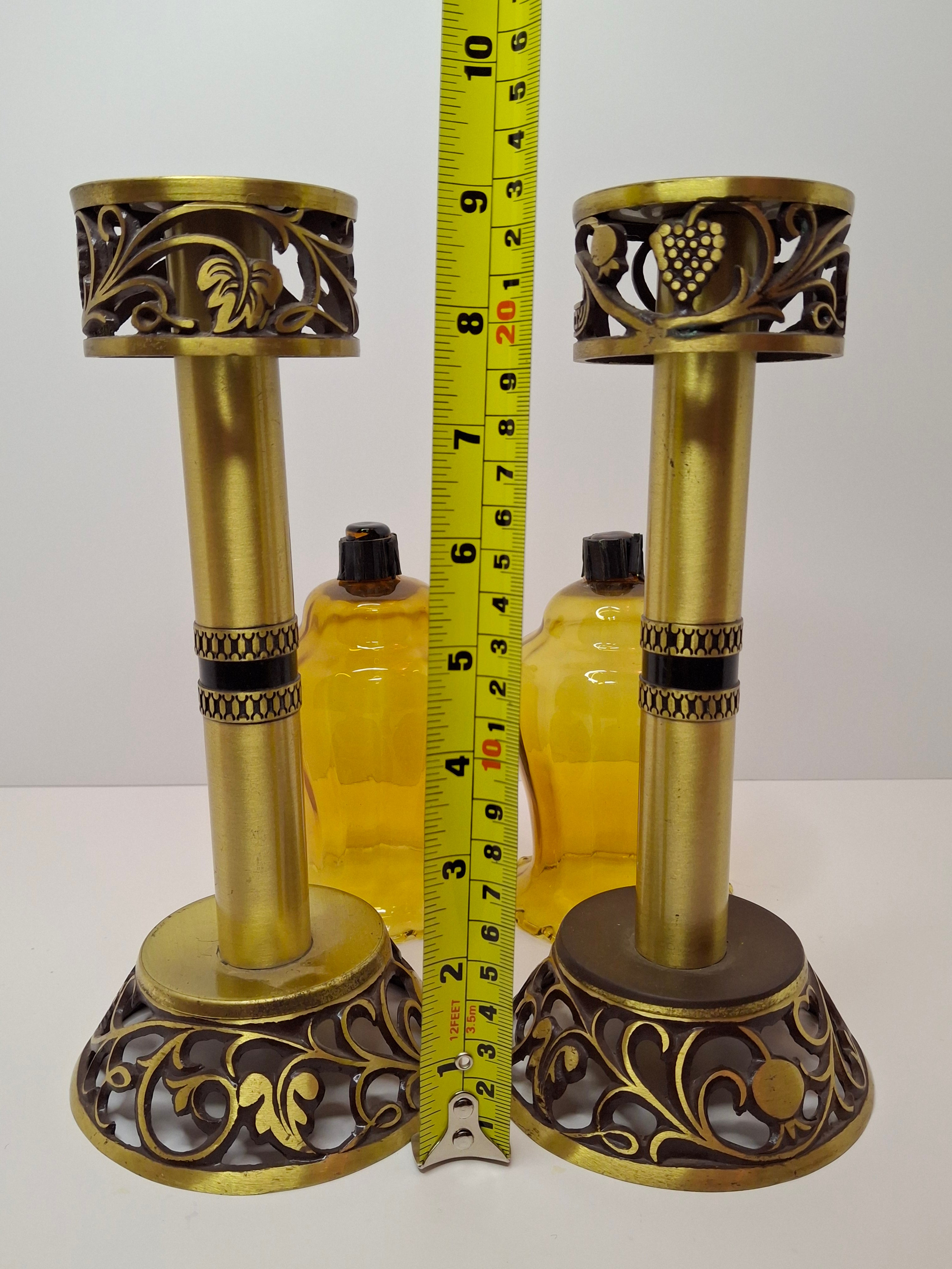 Oppenheim Vintage Israeli Brass Shabbat Candlesticks Glass Hurricane Shades