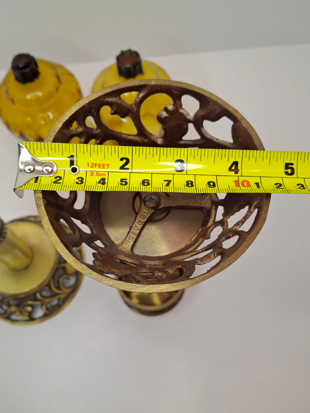 Oppenheim Vintage Israeli Brass Shabbat Candlesticks Glass Hurricane Shades