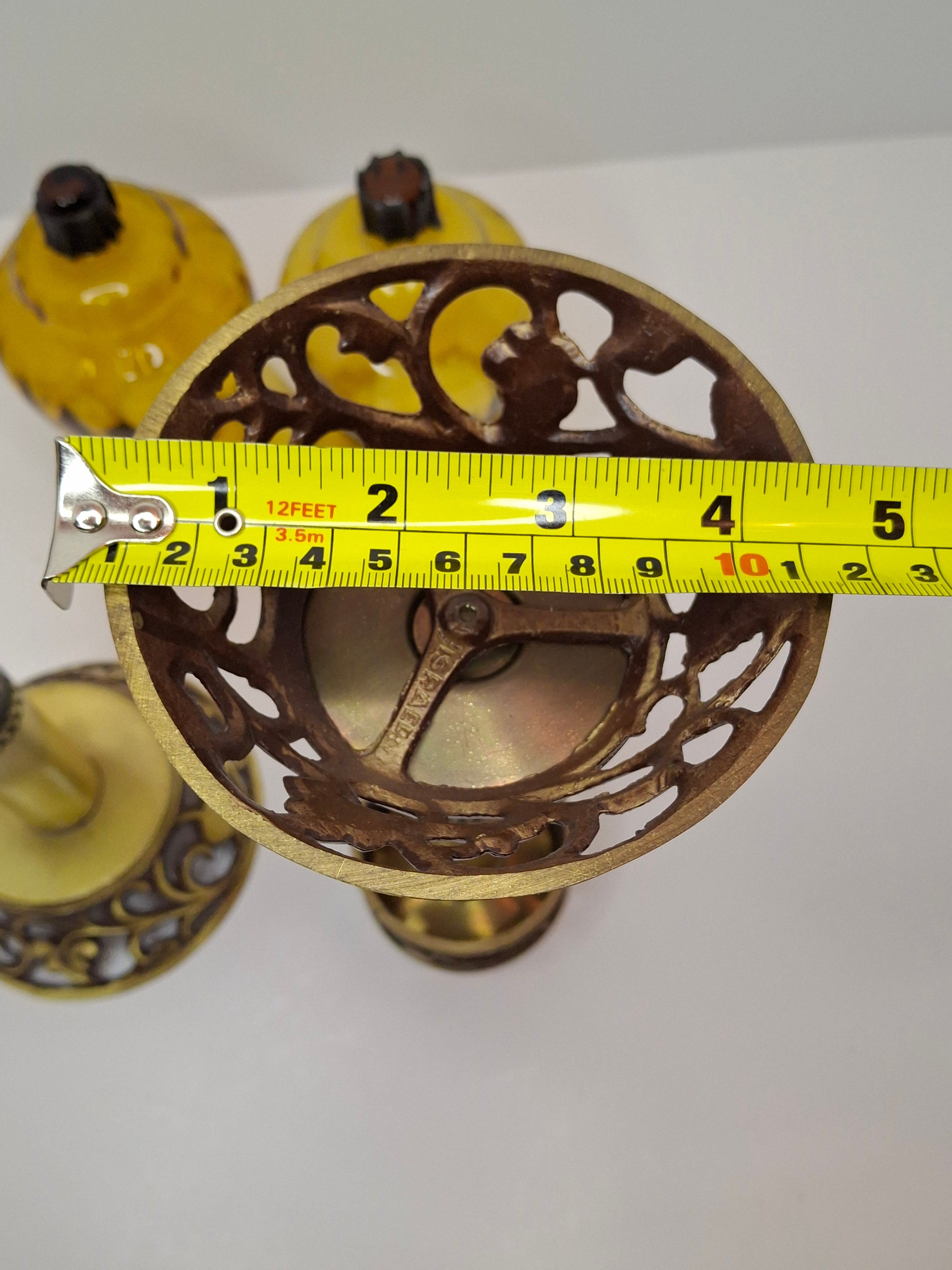 Oppenheim Vintage Israeli Brass Shabbat Candlesticks Glass Hurricane Shades