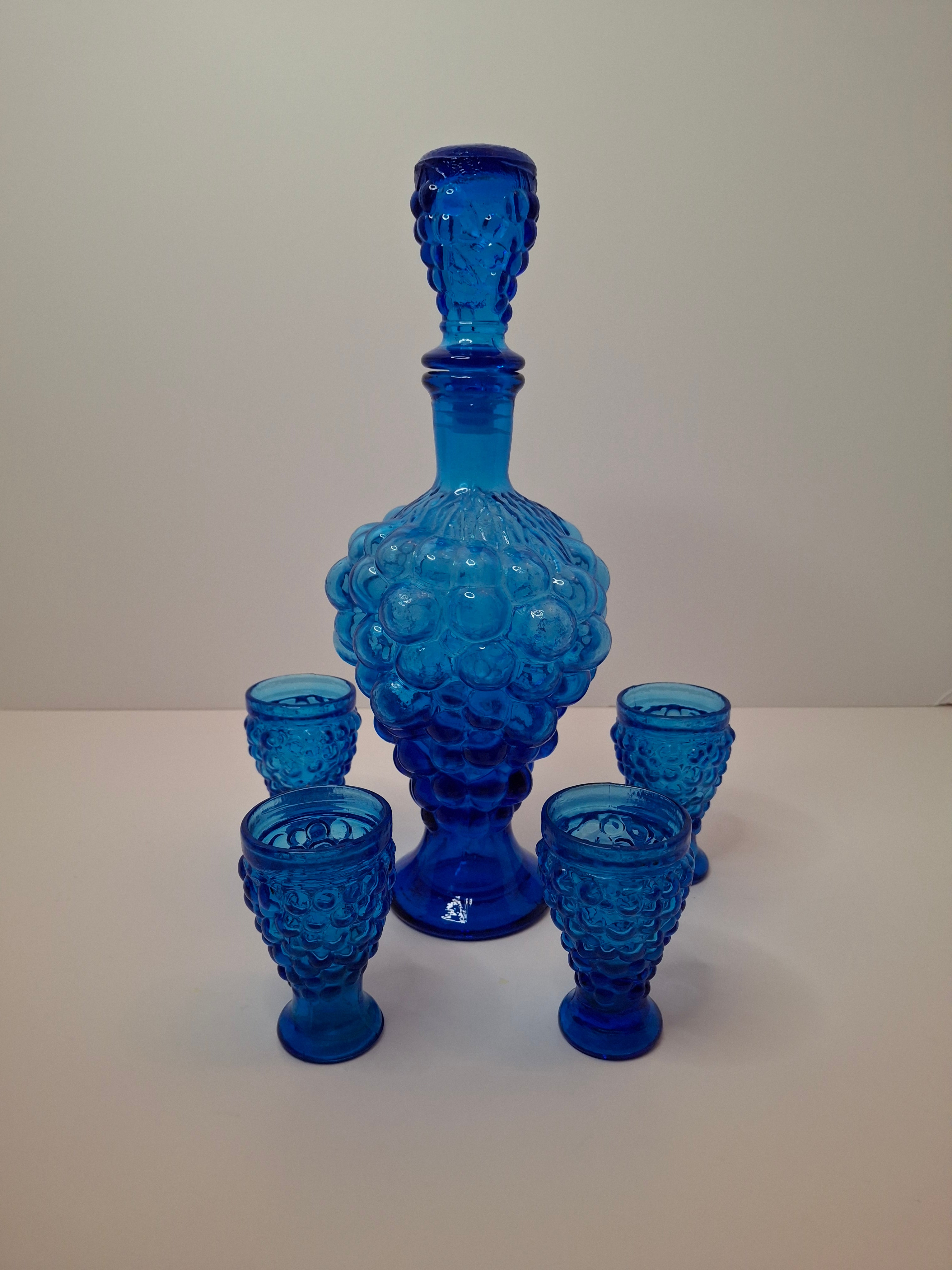 Vintage 1960s Empoli Italian Cobalt Blue Grape Cluster Glass Decanter Set with 4 Shot Glasses - Mid-Century Modern Barware