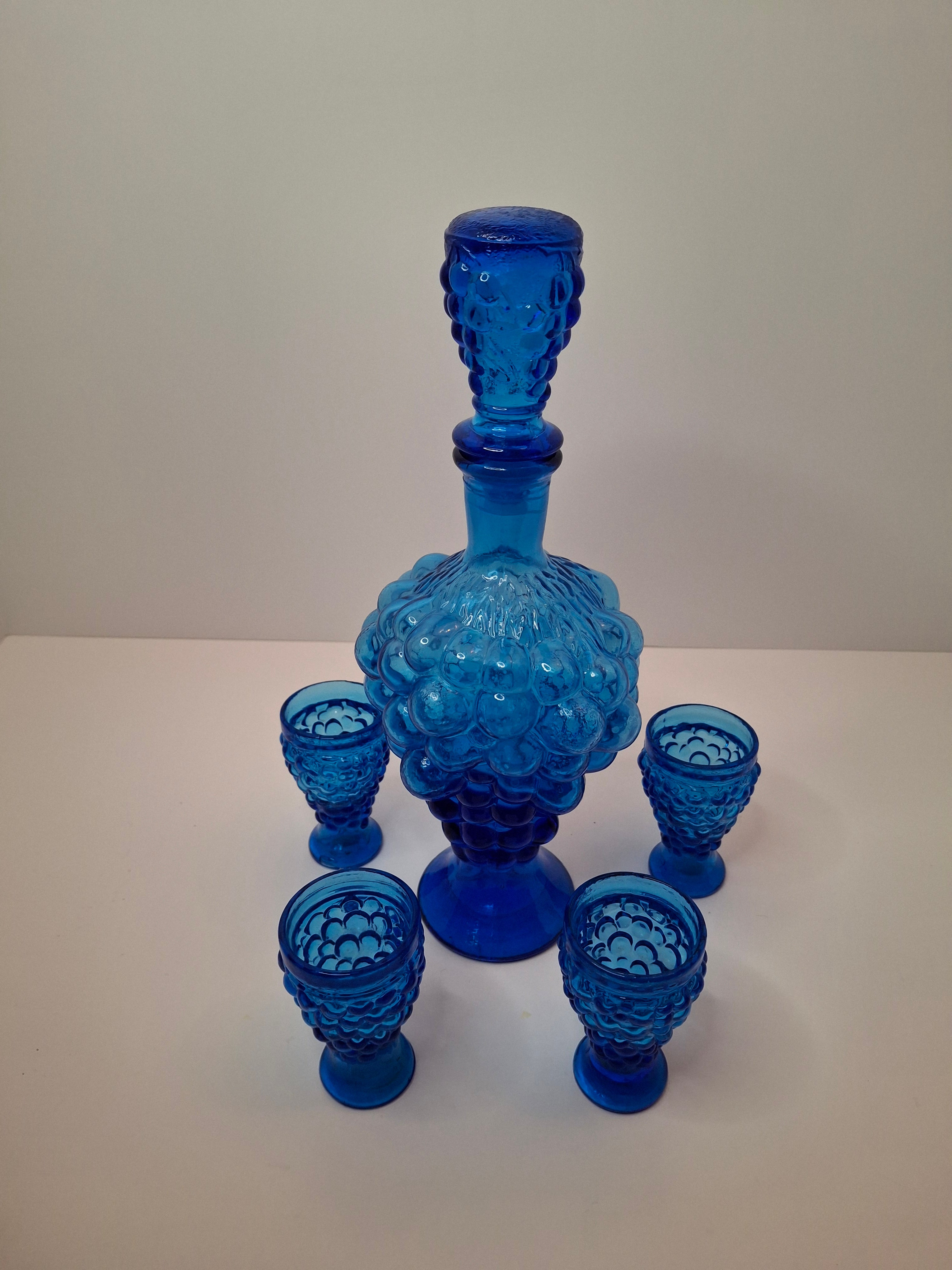 Vintage 1960s Empoli Italian Cobalt Blue Grape Cluster Glass Decanter Set with 4 Shot Glasses - Mid-Century Modern Barware