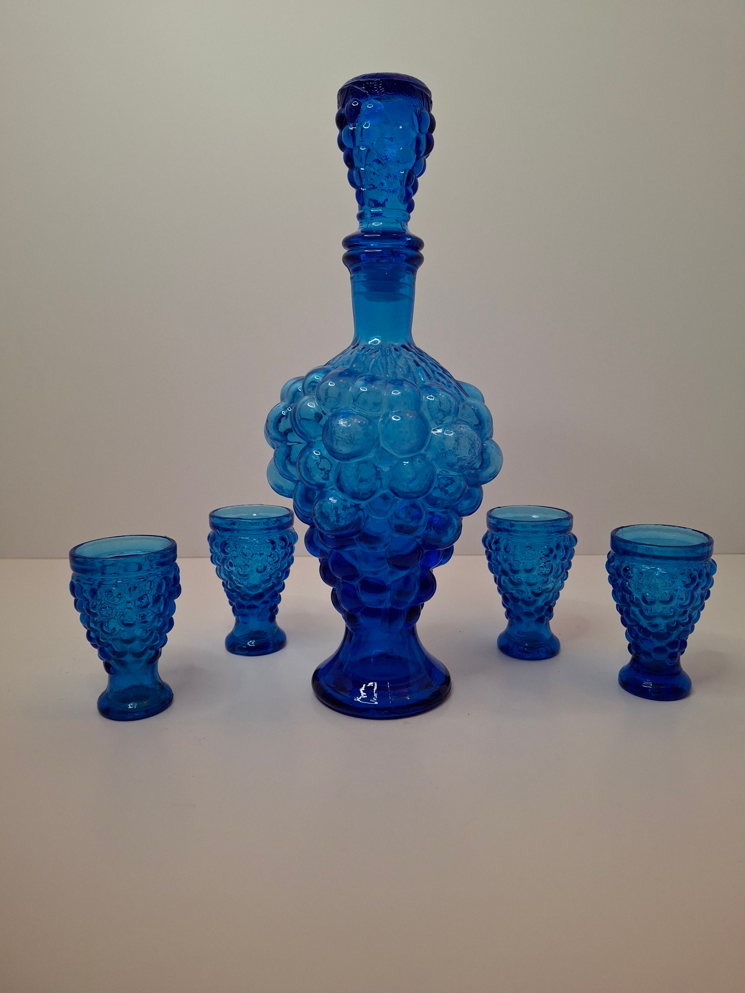 Vintage 1960s Empoli Italian Cobalt Blue Grape Cluster Glass Decanter Set with 4 Shot Glasses - Mid-Century Modern Barware