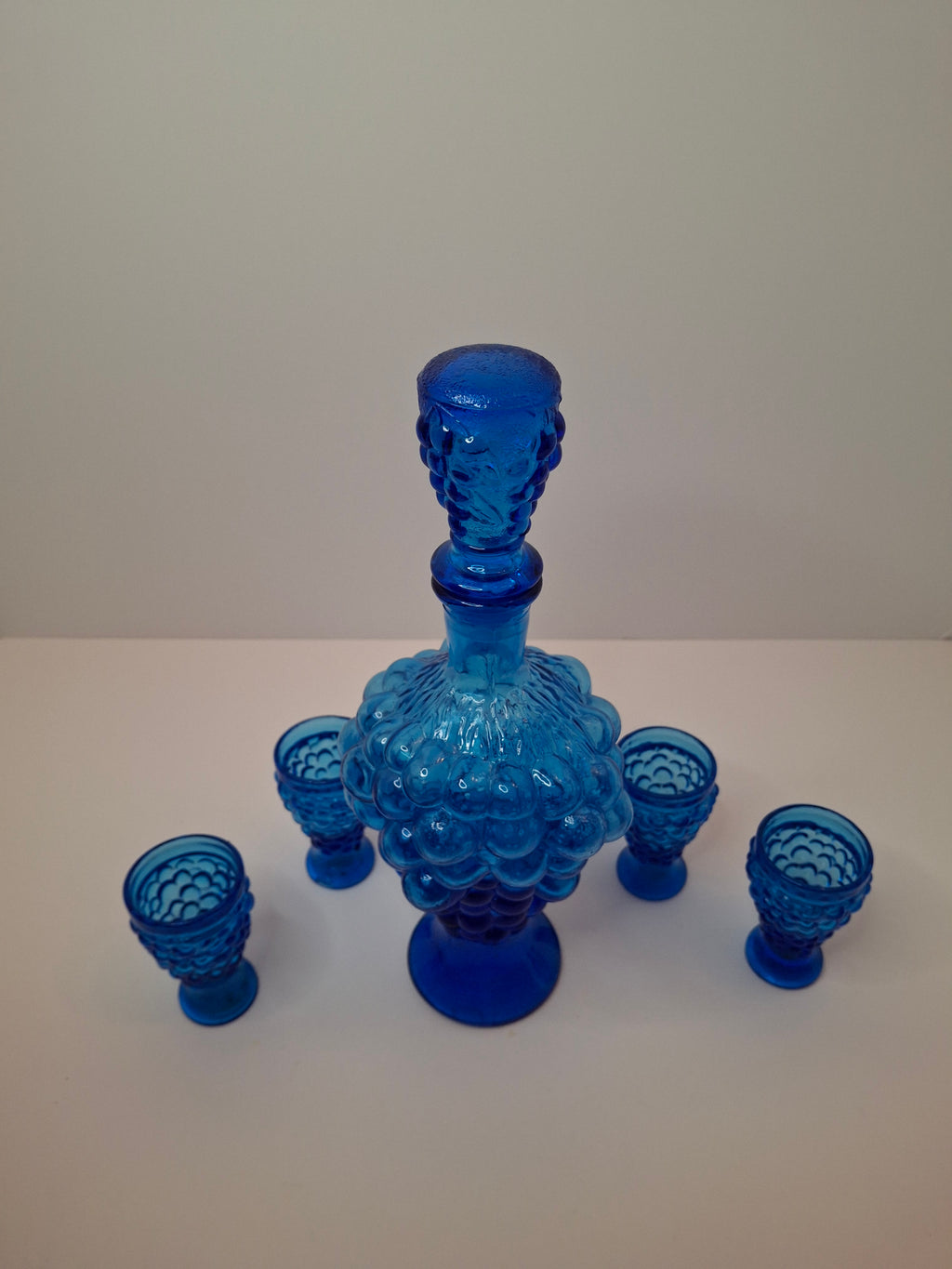 Vintage 1960s Empoli Italian Cobalt Blue Grape Cluster Glass Decanter Set with 4 Shot Glasses - Mid-Century Modern Barware