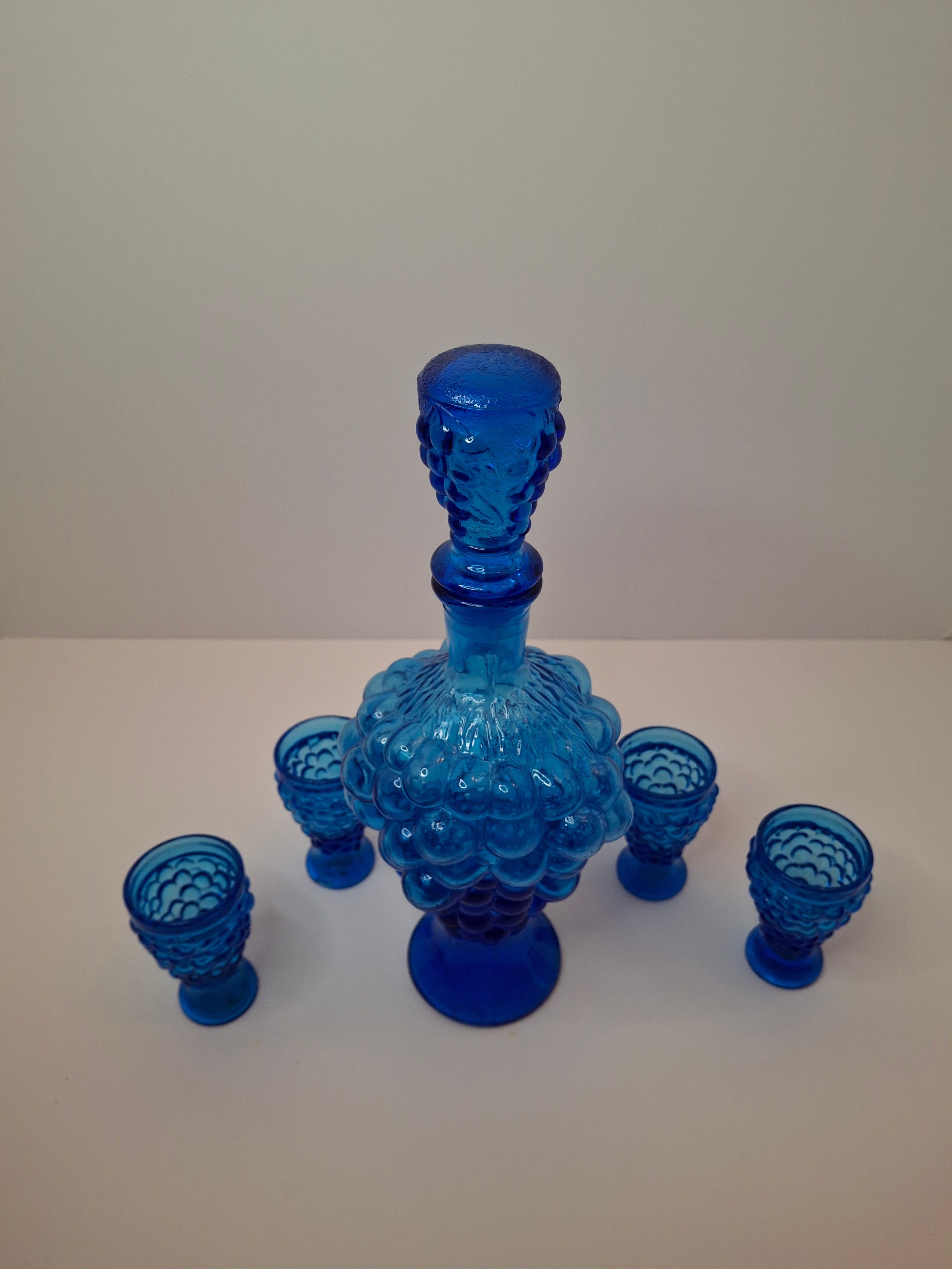 Vintage 1960s Empoli Italian Cobalt Blue Grape Cluster Glass Decanter Set with 4 Shot Glasses - Mid-Century Modern Barware
