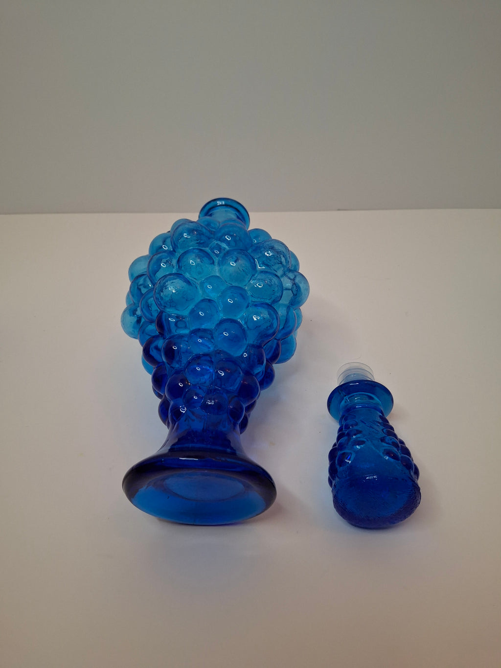 Vintage 1960s Empoli Italian Cobalt Blue Grape Cluster Glass Decanter Set with 4 Shot Glasses - Mid-Century Modern Barware
