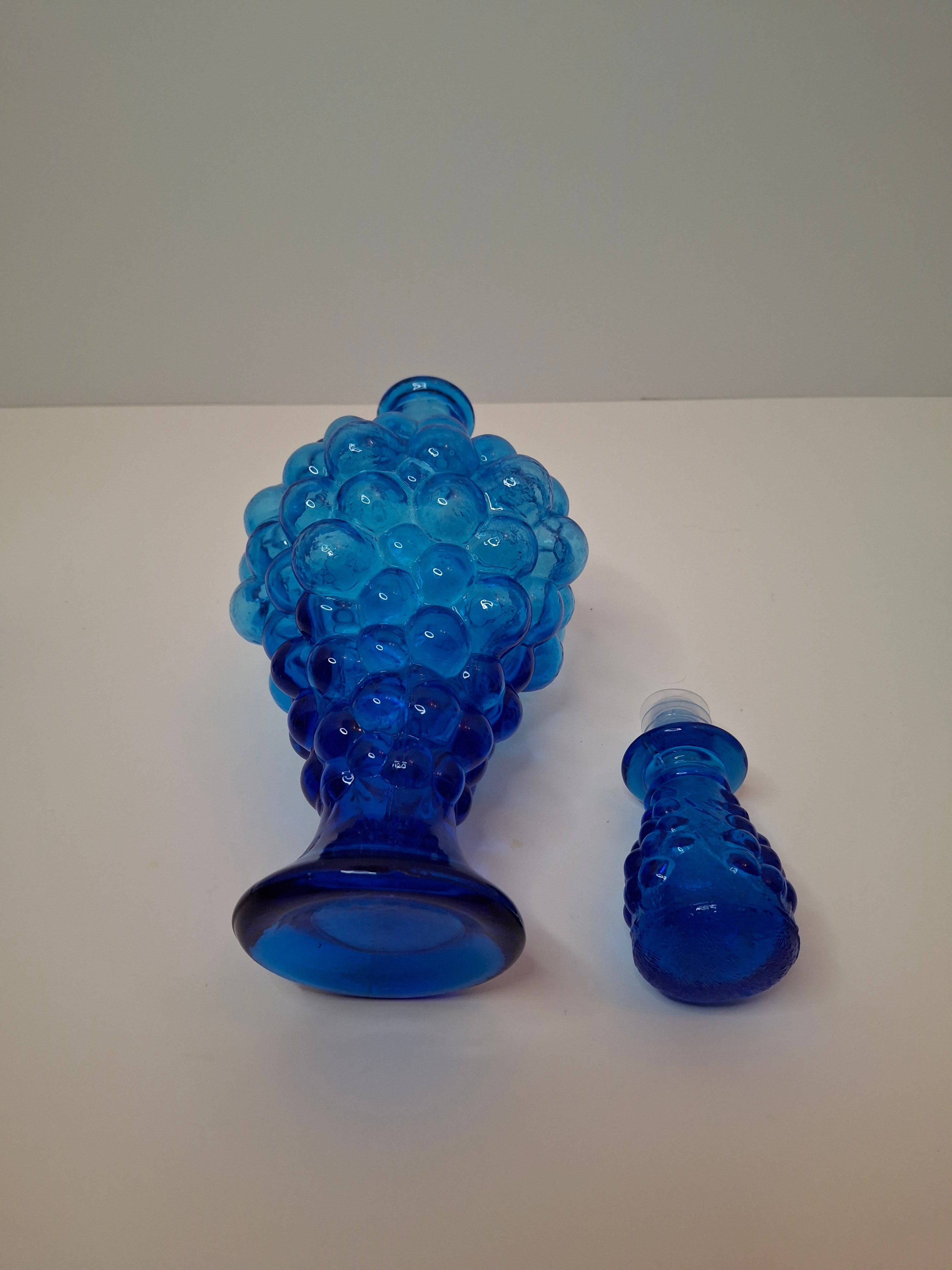 Vintage 1960s Empoli Italian Cobalt Blue Grape Cluster Glass Decanter Set with 4 Shot Glasses - Mid-Century Modern Barware