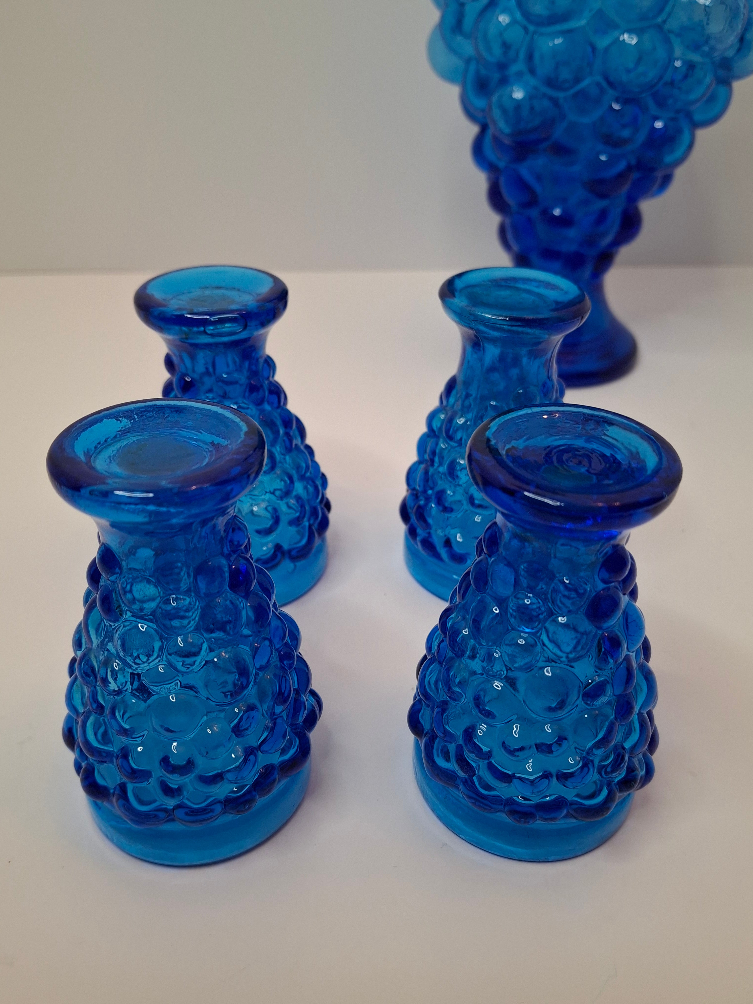 Vintage 1960s Empoli Italian Cobalt Blue Grape Cluster Glass Decanter Set with 4 Shot Glasses - Mid-Century Modern Barware