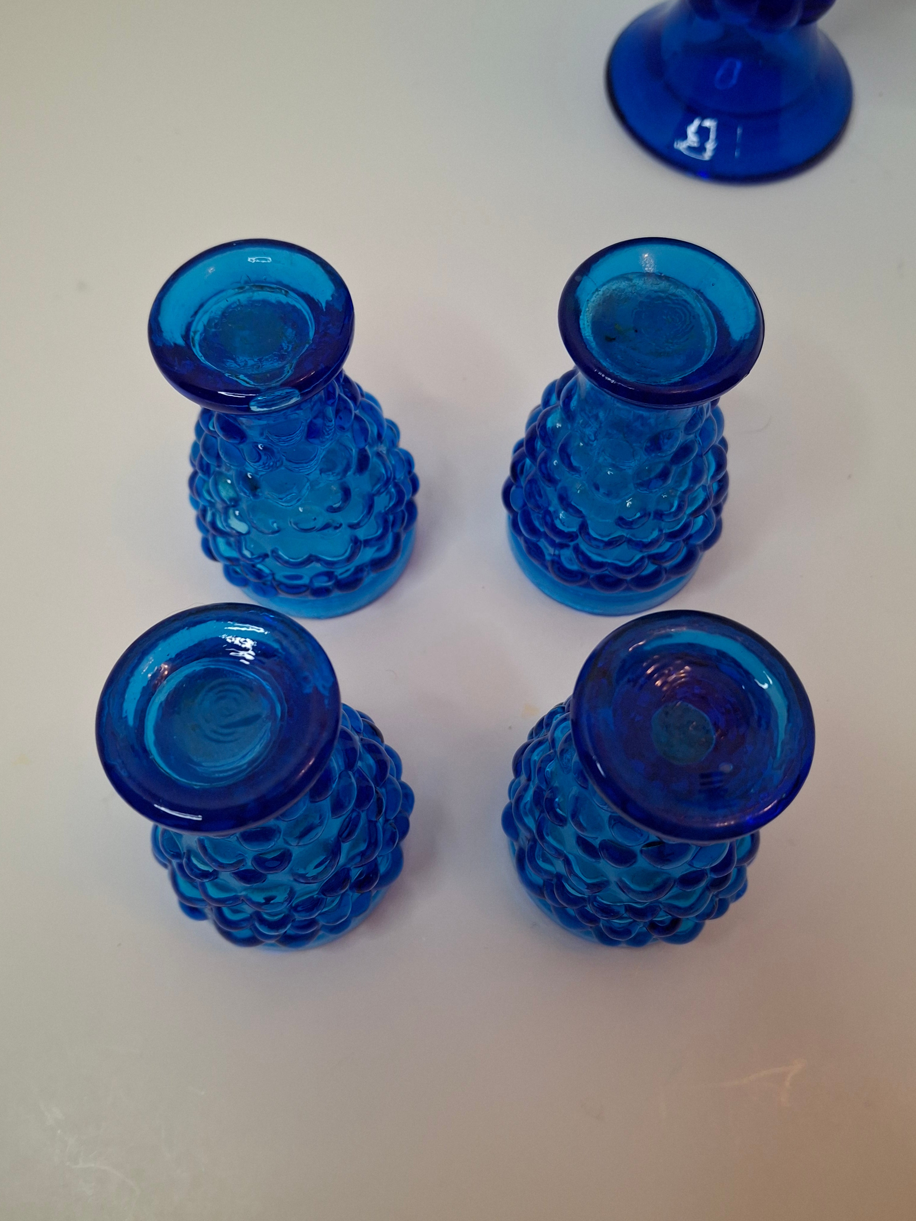 Vintage 1960s Empoli Italian Cobalt Blue Grape Cluster Glass Decanter Set with 4 Shot Glasses - Mid-Century Modern Barware