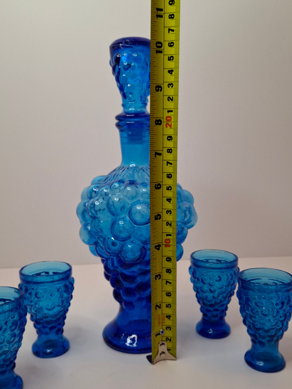 Vintage 1960s Empoli Italian Cobalt Blue Grape Cluster Glass Decanter Set with 4 Shot Glasses - Mid-Century Modern Barware