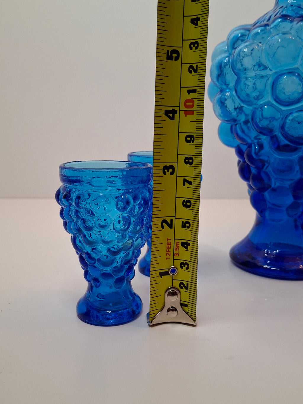 Vintage 1960s Empoli Italian Cobalt Blue Grape Cluster Glass Decanter Set with 4 Shot Glasses - Mid-Century Modern Barware