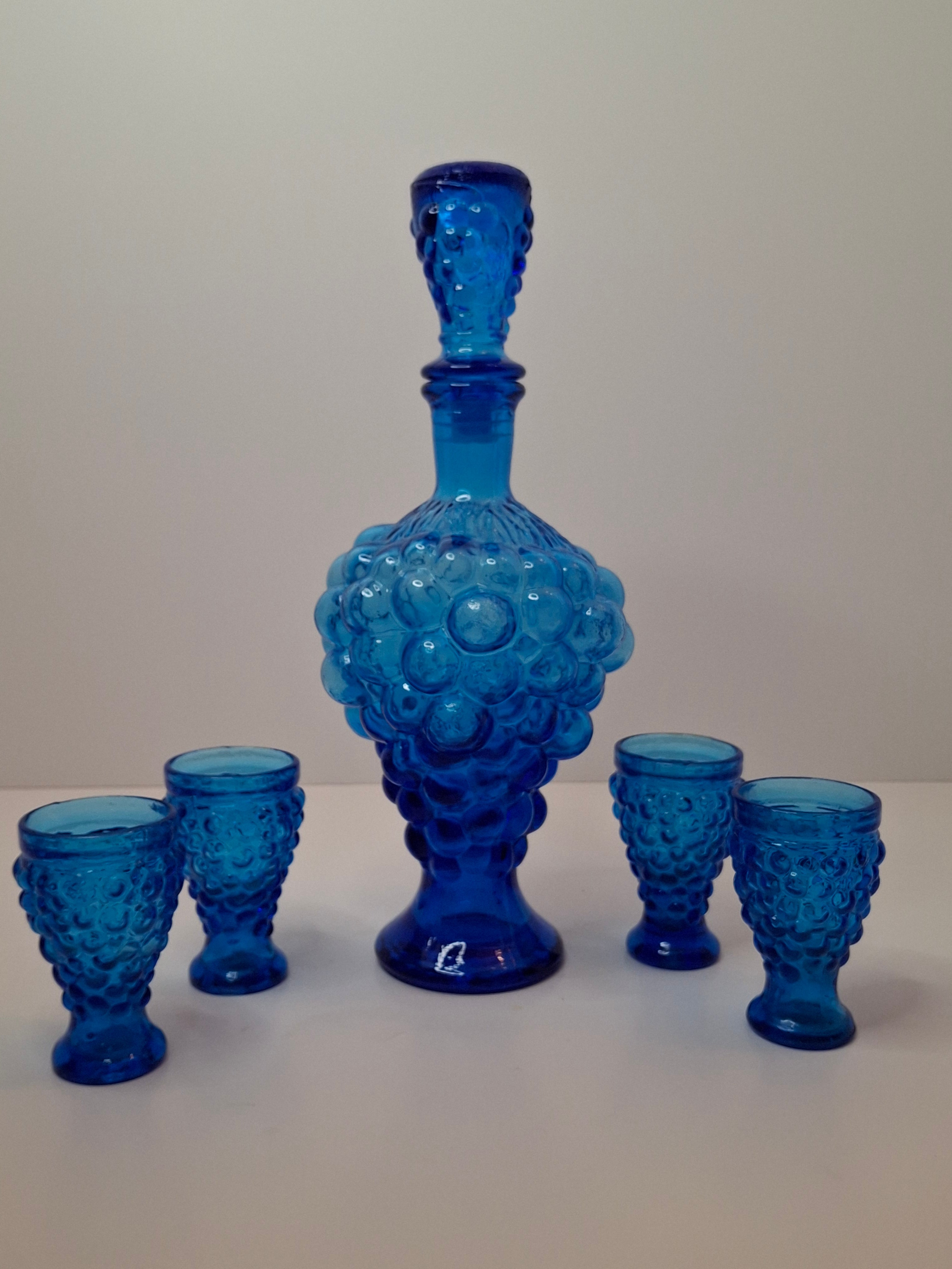 Vintage 1960s Empoli Italian Cobalt Blue Grape Cluster Glass Decanter Set with 4 Shot Glasses - Mid-Century Modern Barware