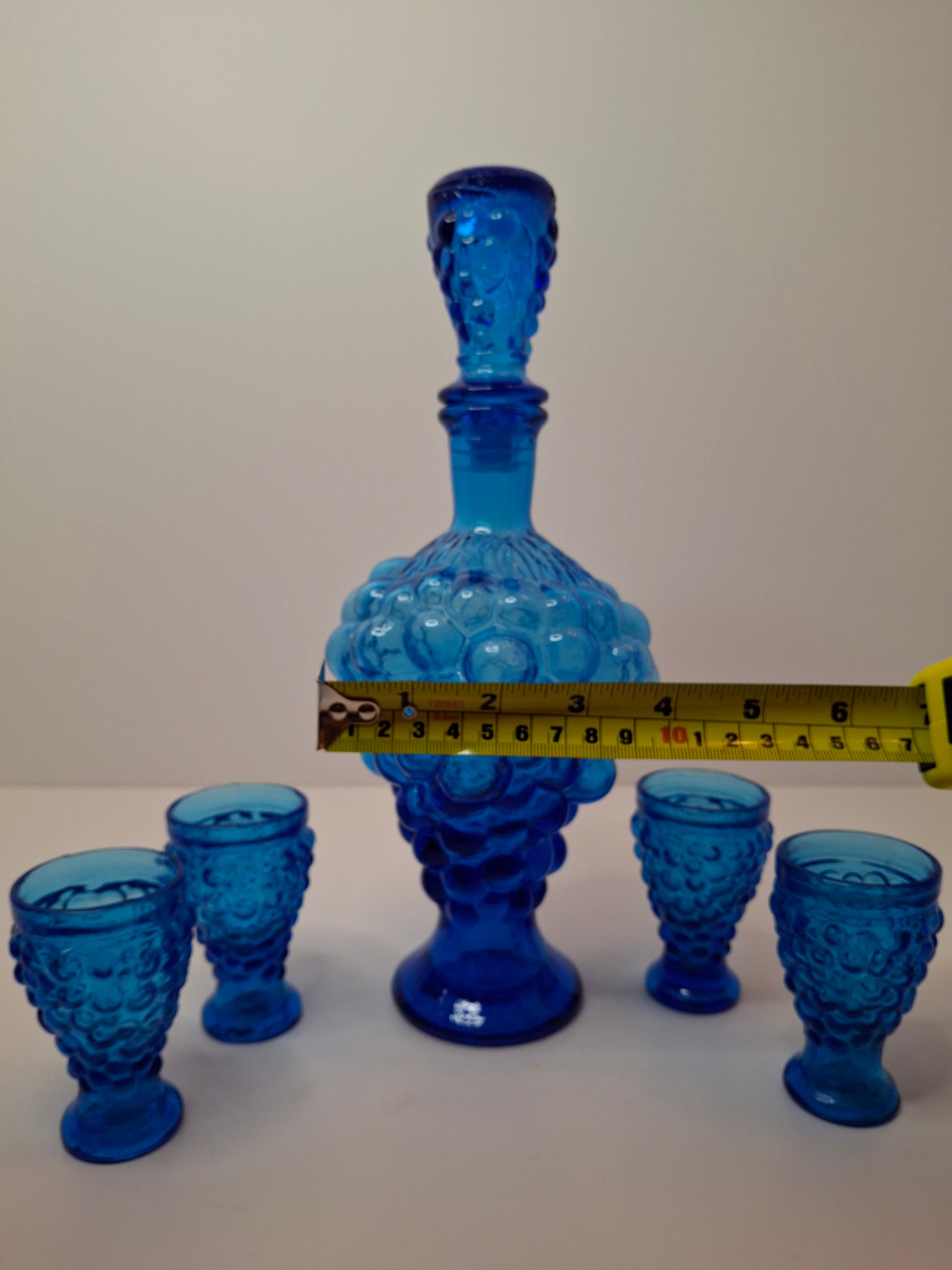 Vintage 1960s Empoli Italian Cobalt Blue Grape Cluster Glass Decanter Set with 4 Shot Glasses - Mid-Century Modern Barware