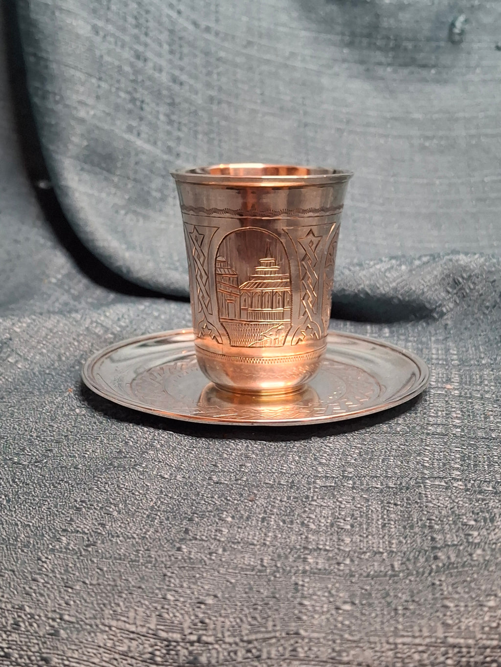 Late 19th Century Imperial Russian Silver Kiddush Cup and Saucer Set, 84 Zolotnik, Engraved Tower & Floral Designs, circa 1880