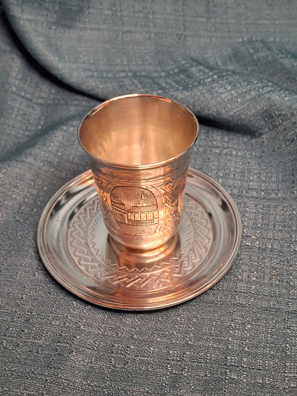 Late 19th Century Imperial Russian Silver Kiddush Cup and Saucer Set, 84 Zolotnik, Engraved Tower & Floral Designs, circa 1880