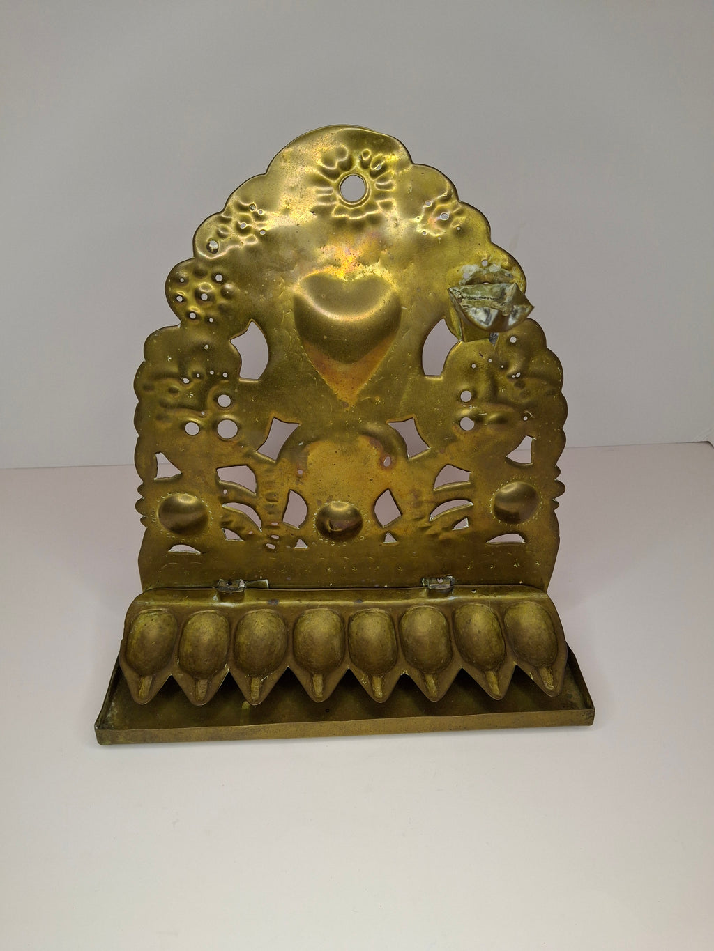 RARE Museum-Quality 18th C. Dutch Brass Hanukkah Menorah Oil Lamp Heart Repoussé Holland 1892 Provenance