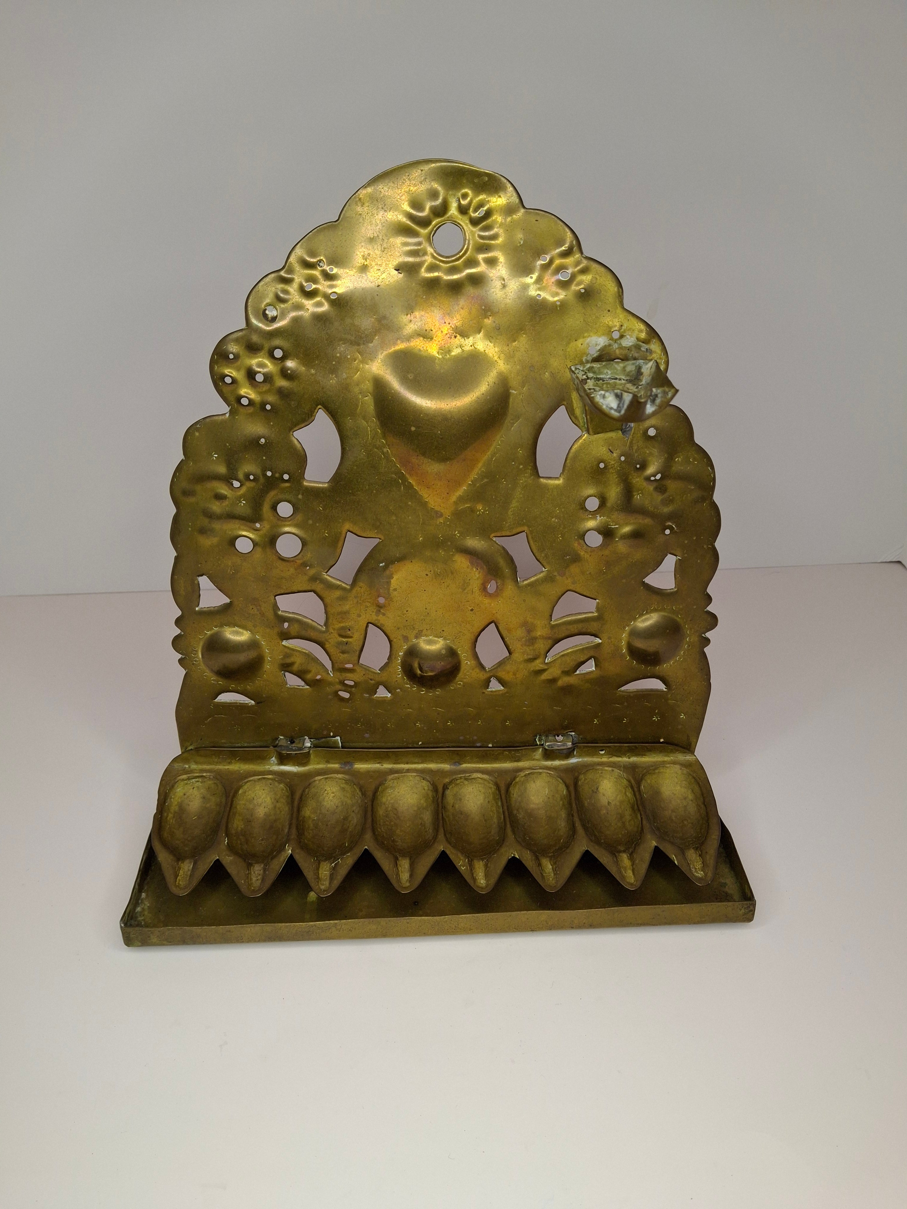 RARE Museum-Quality 18th C. Dutch Brass Hanukkah Menorah Oil Lamp Heart Repoussé Holland 1892 Provenance