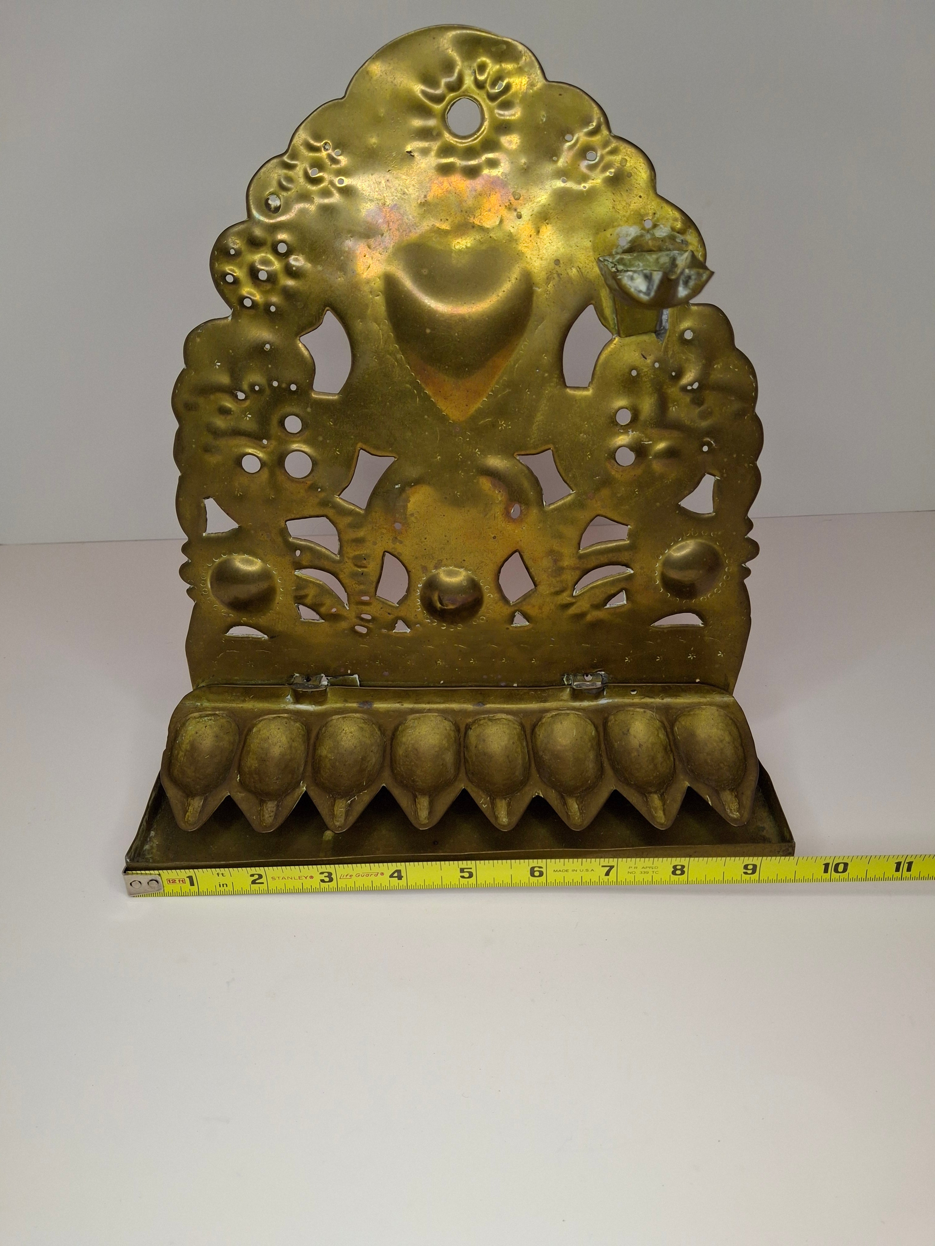 RARE Museum-Quality 18th C. Dutch Brass Hanukkah Menorah Oil Lamp Heart Repoussé Holland 1892 Provenance