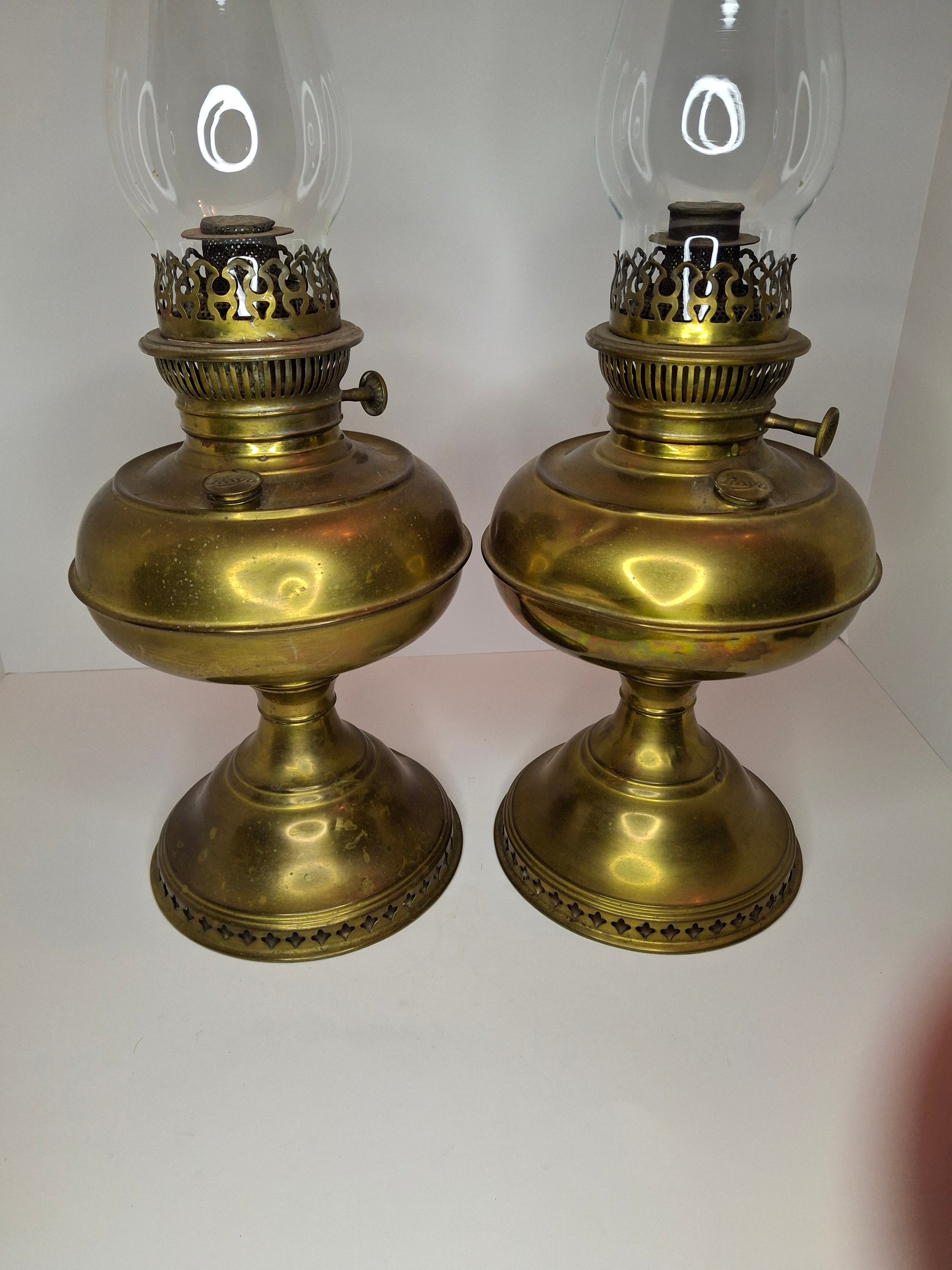 Pair of Antique Brass Rayo Center Draft Kerosene Table Lamps – Bradley & Hubbard / Standard Oil, c. 1905-1920