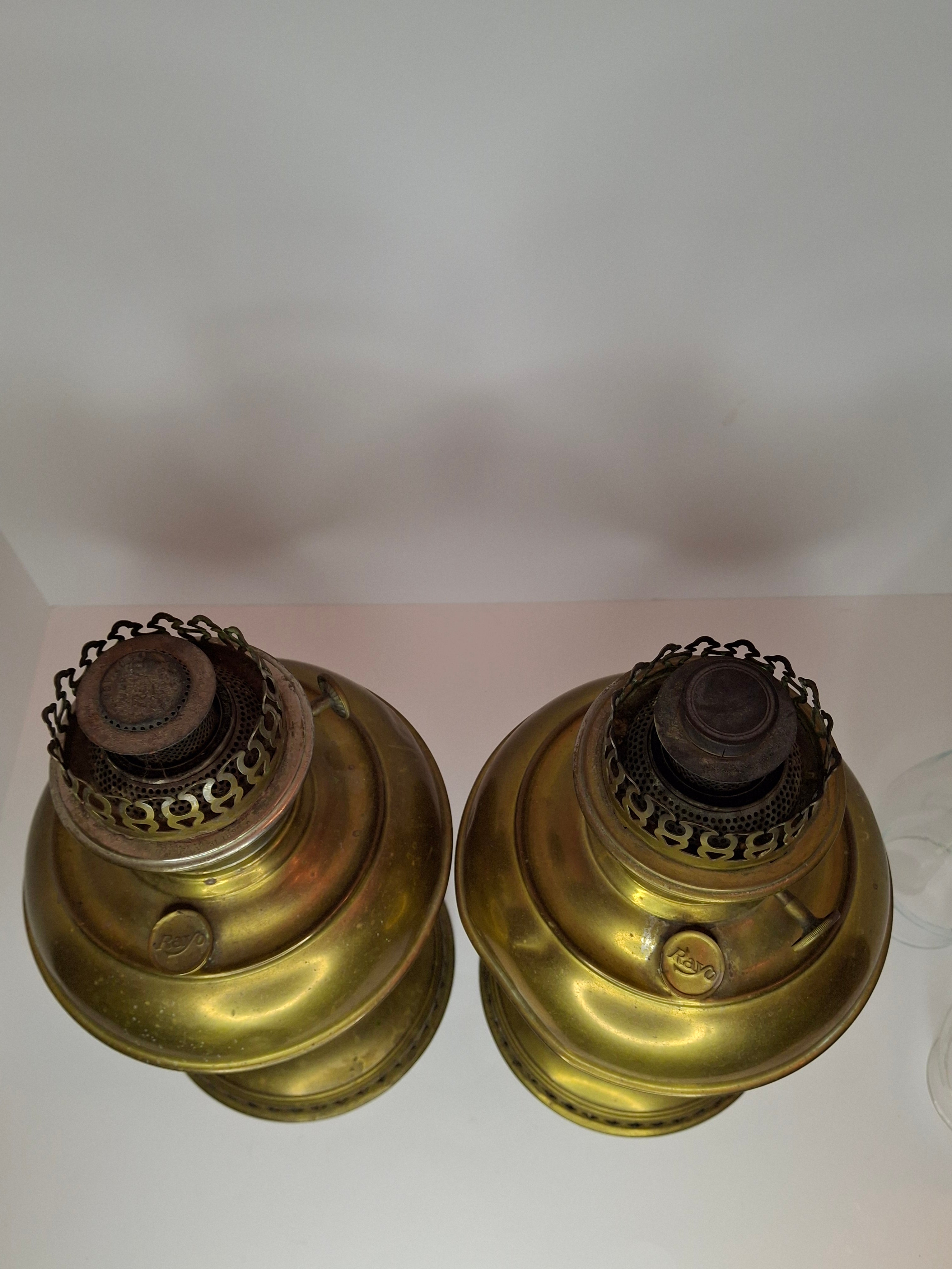 Pair of Antique Brass Rayo Center Draft Kerosene Table Lamps – Bradley & Hubbard / Standard Oil, c. 1905-1920
