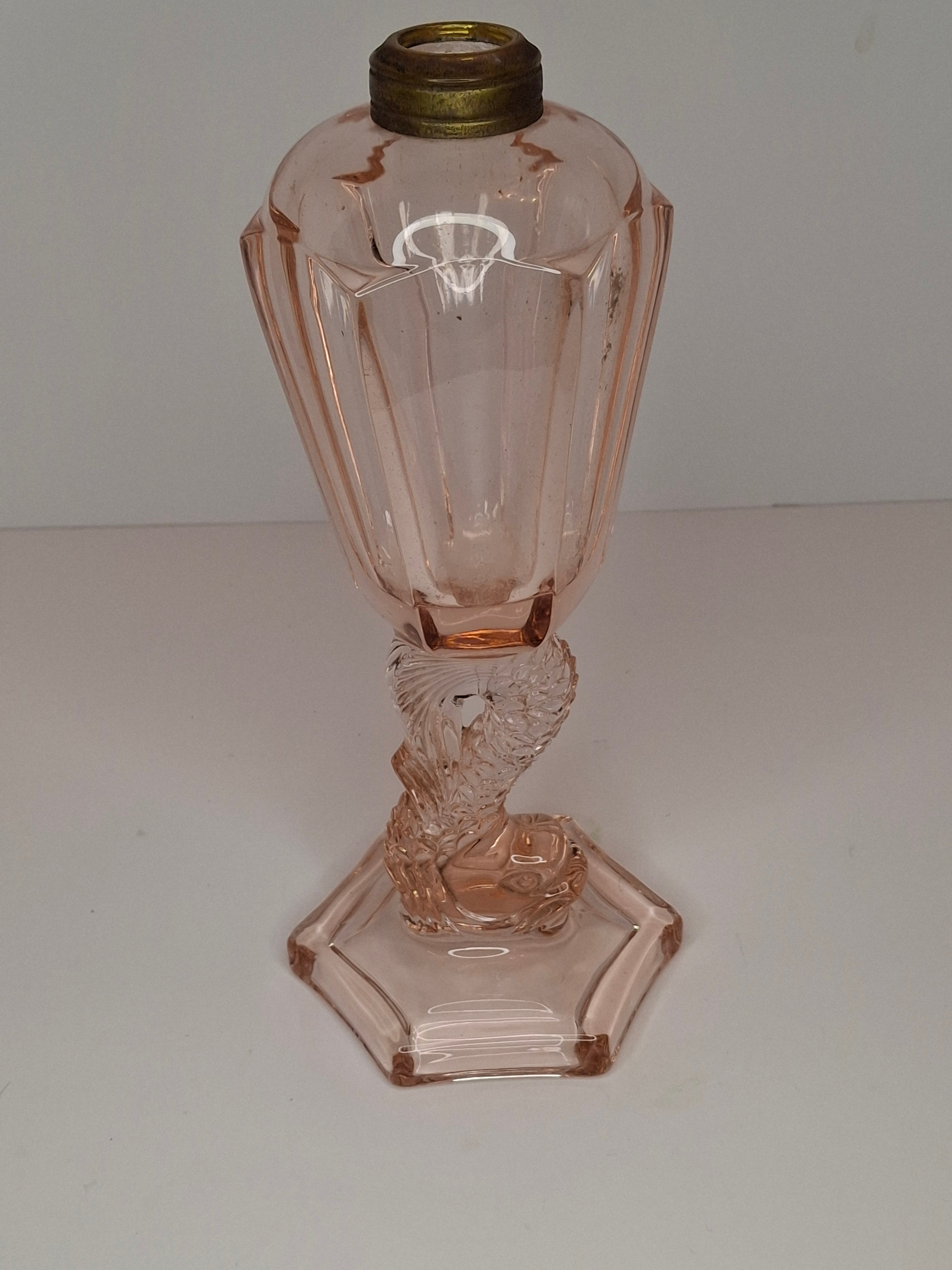 Vintage Pink Depression Glass Dolphin Oil Lamp - Sandwich Style Koi Fish 10"