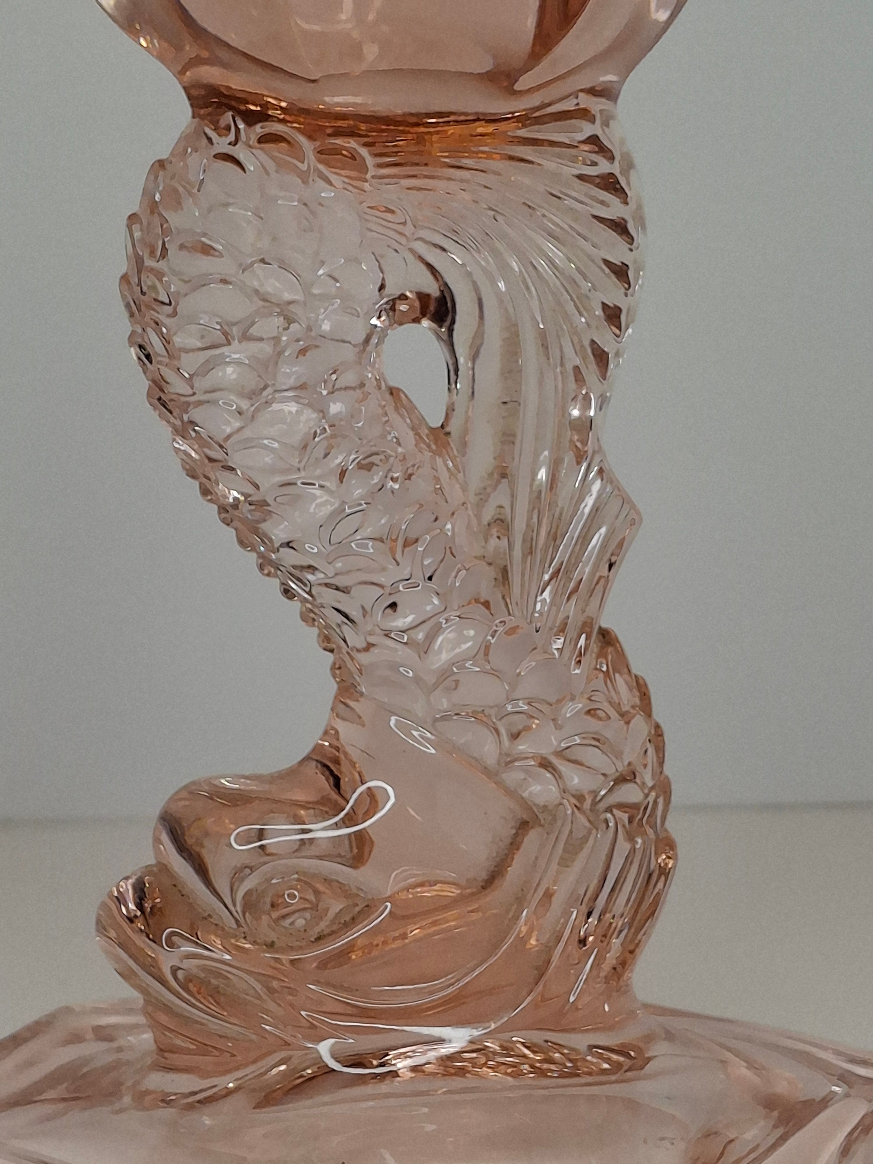 Vintage Pink Depression Glass Dolphin Oil Lamp - Sandwich Style Koi Fish 10"