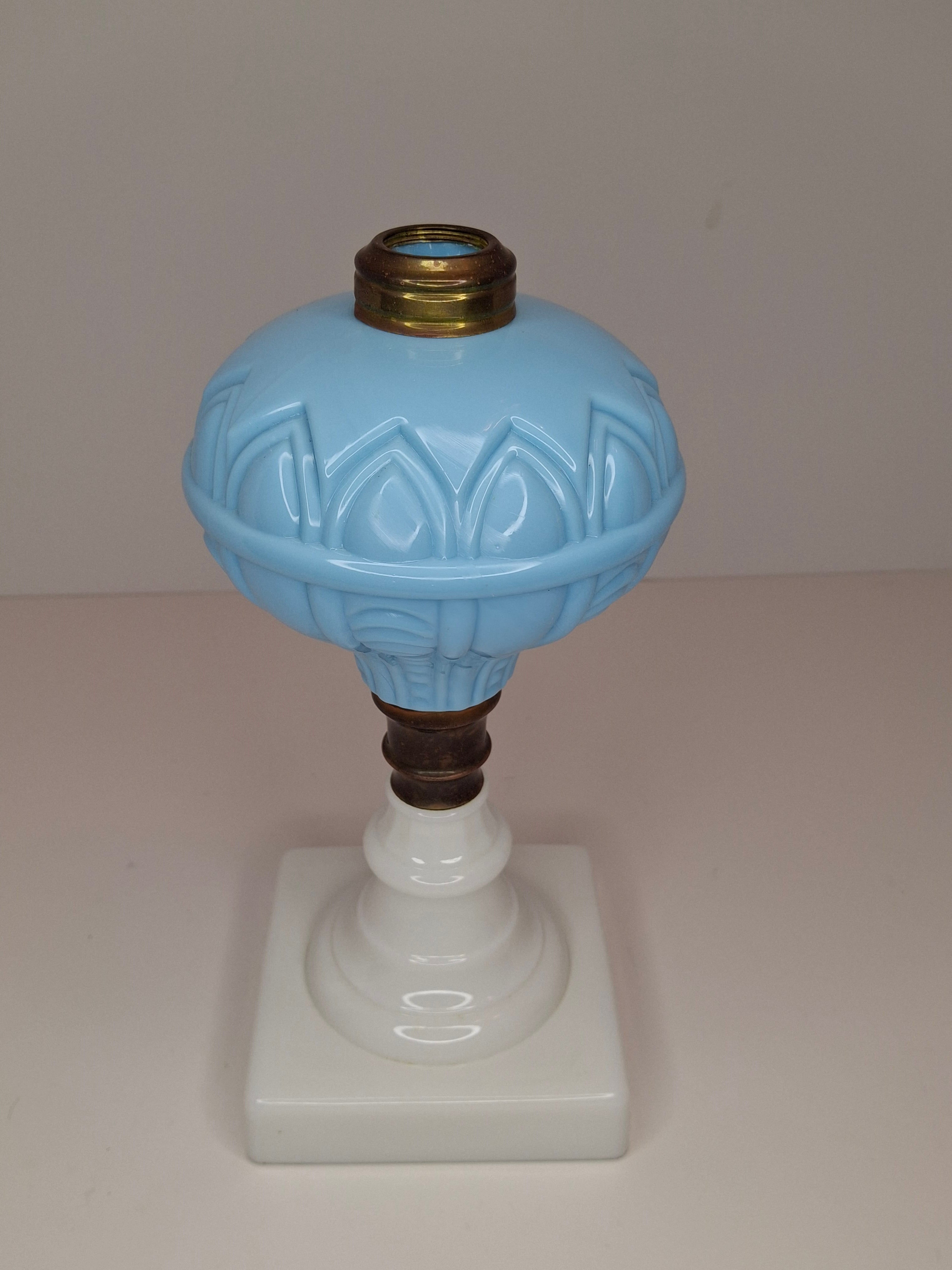 Antique 1850s Boston Sandwich Blue & Alabaster Whale Oil Lamp Paneled Arches