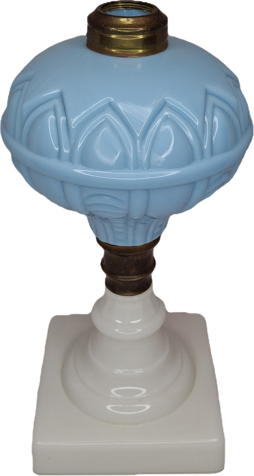 Antique 1850s Boston Sandwich Blue & Alabaster Whale Oil Lamp Paneled Arches