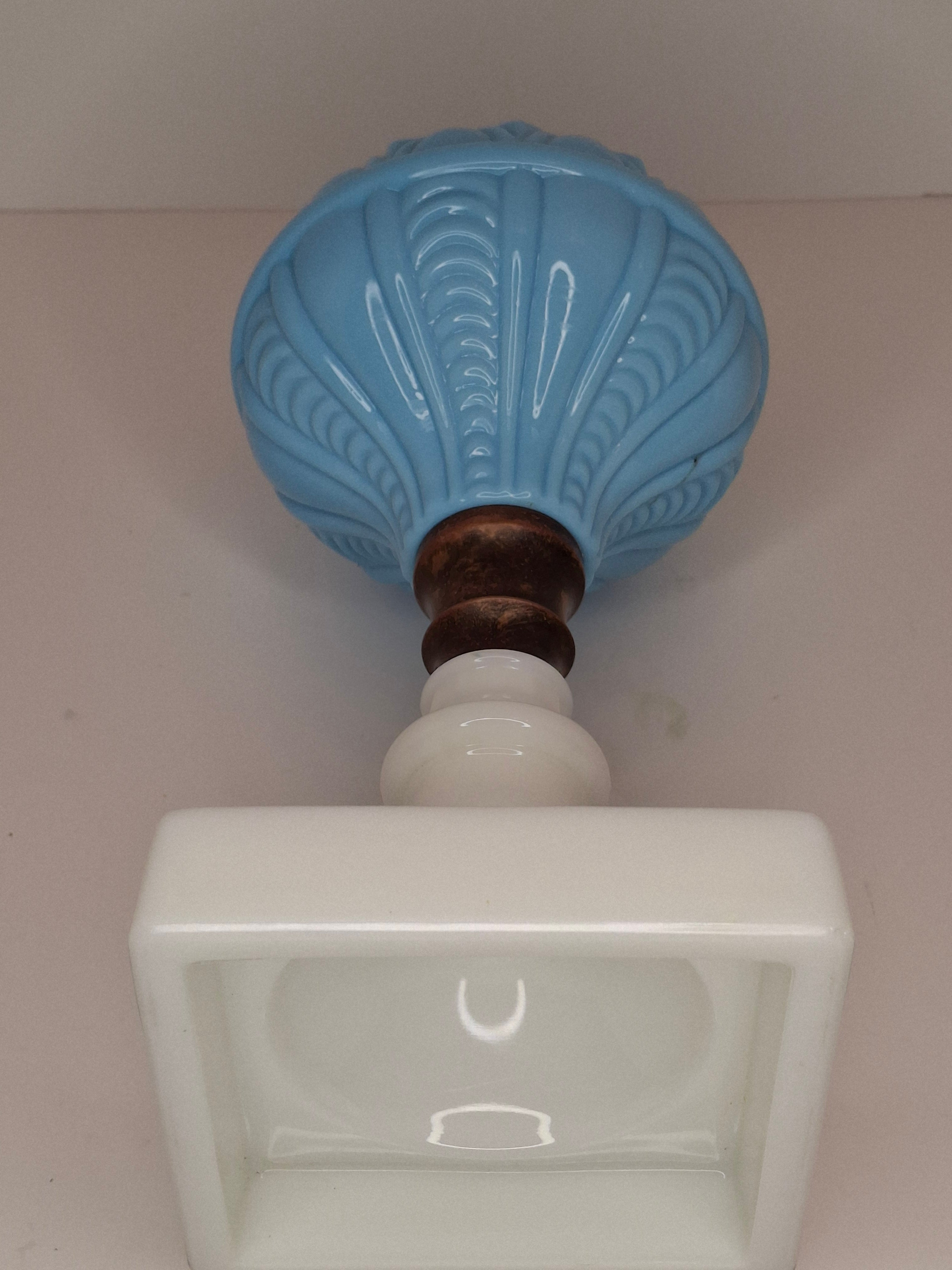 Antique 1850s Boston Sandwich Blue & Alabaster Whale Oil Lamp Paneled Arches