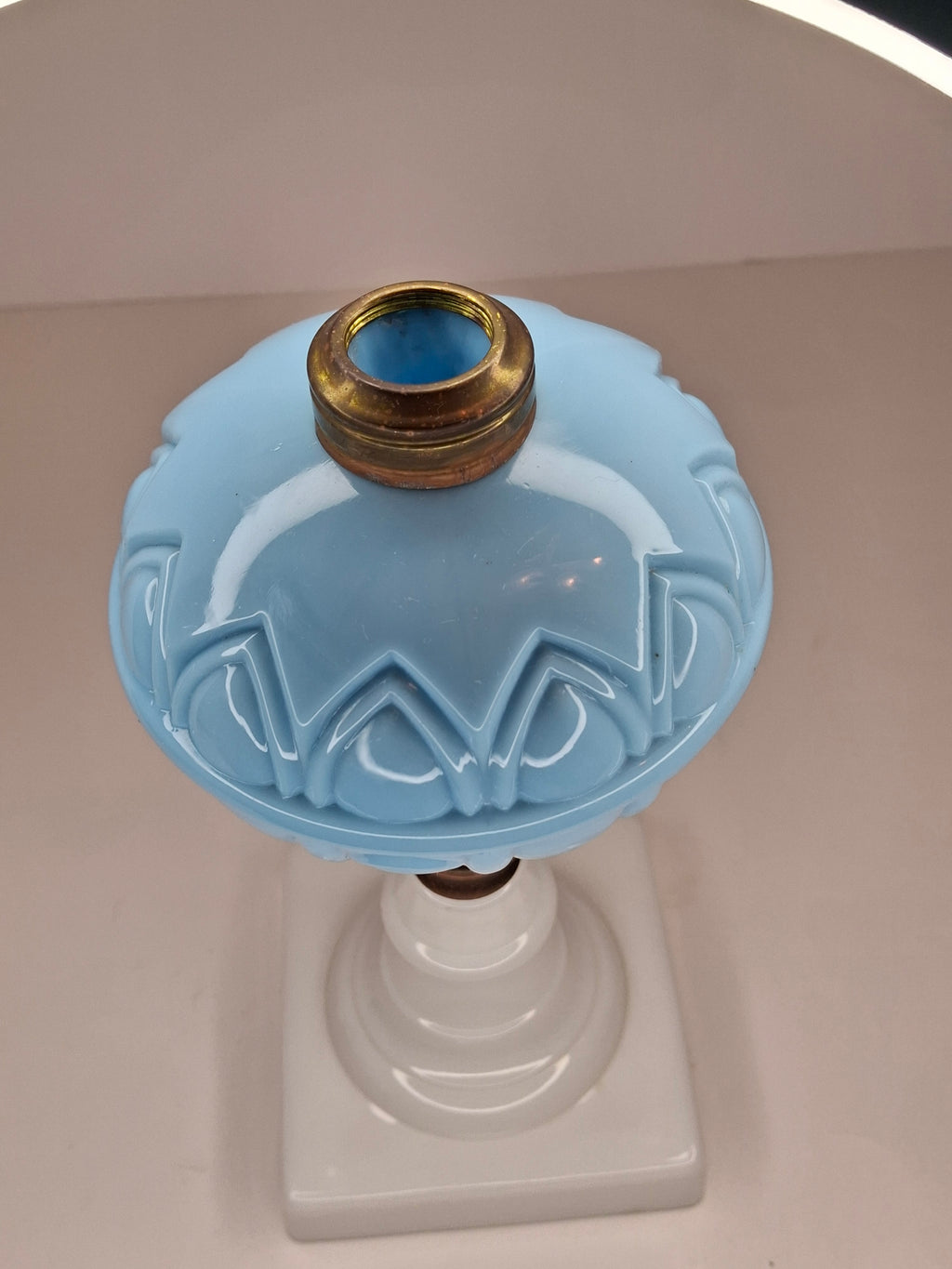 Antique 1850s Boston Sandwich Blue & Alabaster Whale Oil Lamp Paneled Arches