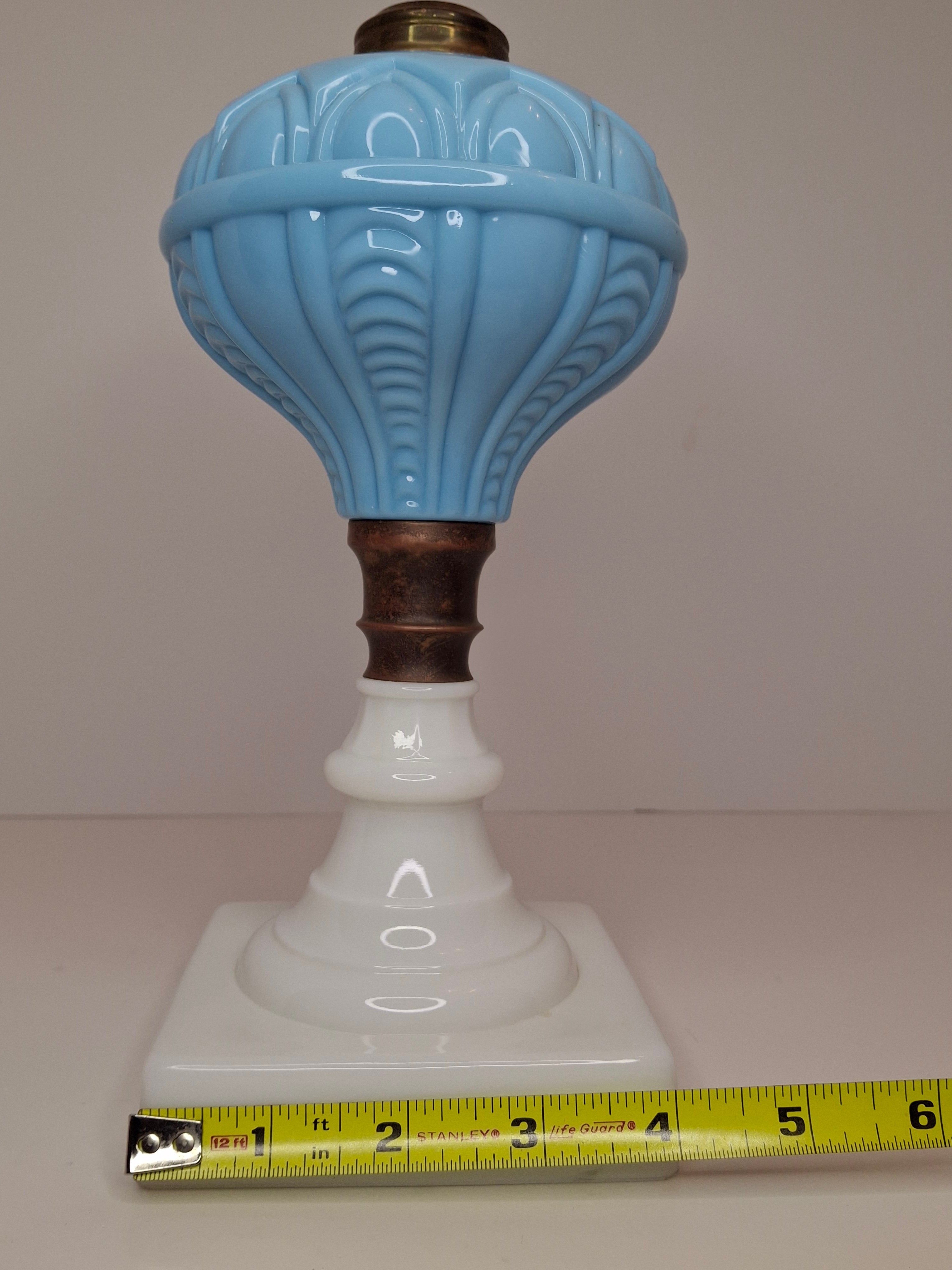 Antique 1850s Boston Sandwich Blue & Alabaster Whale Oil Lamp Paneled Arches
