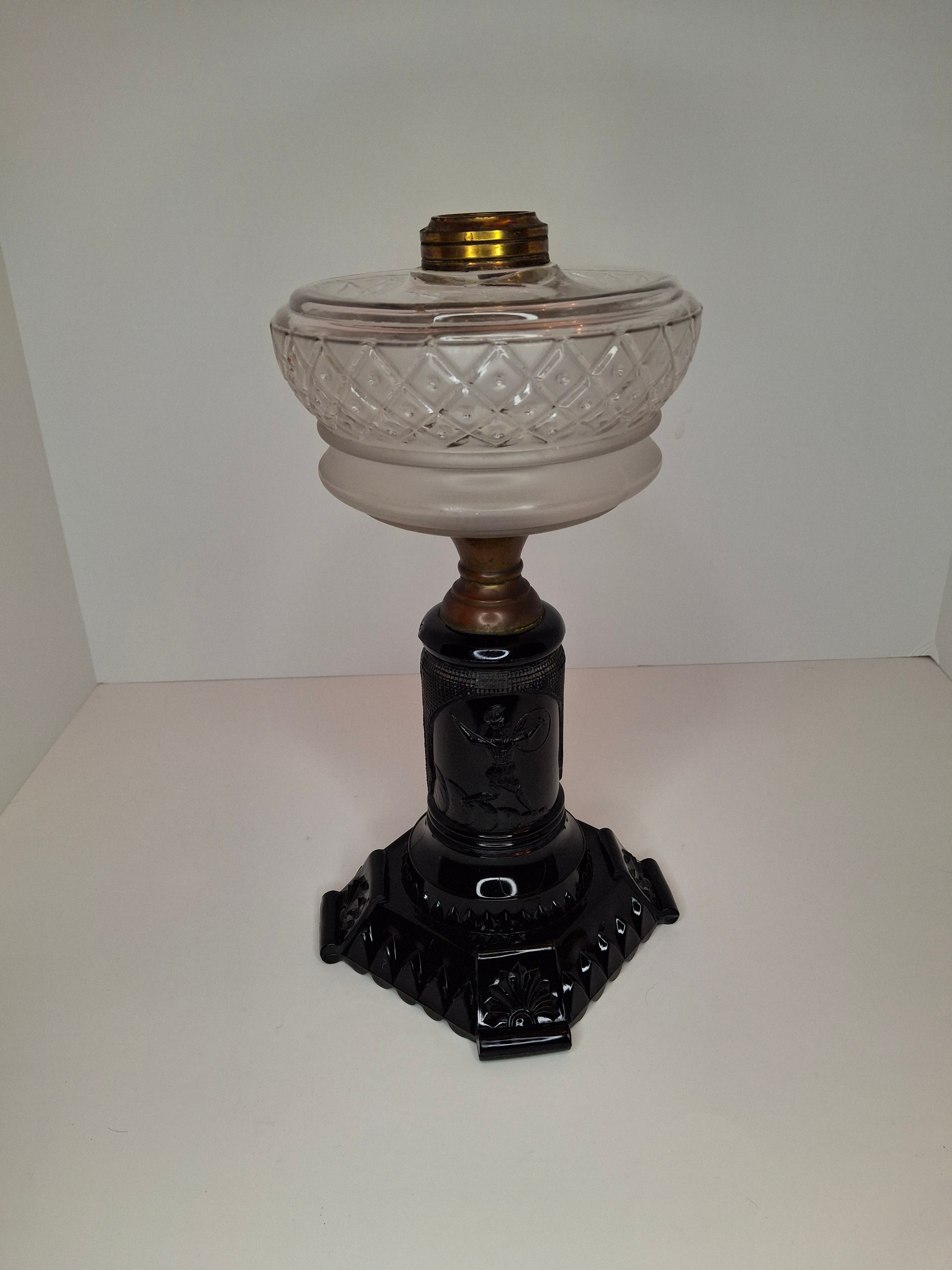 Antique EAPG Adams & Co Minerva Stem Kerosene Stand Lamp Diamond & Dot Font 1880s