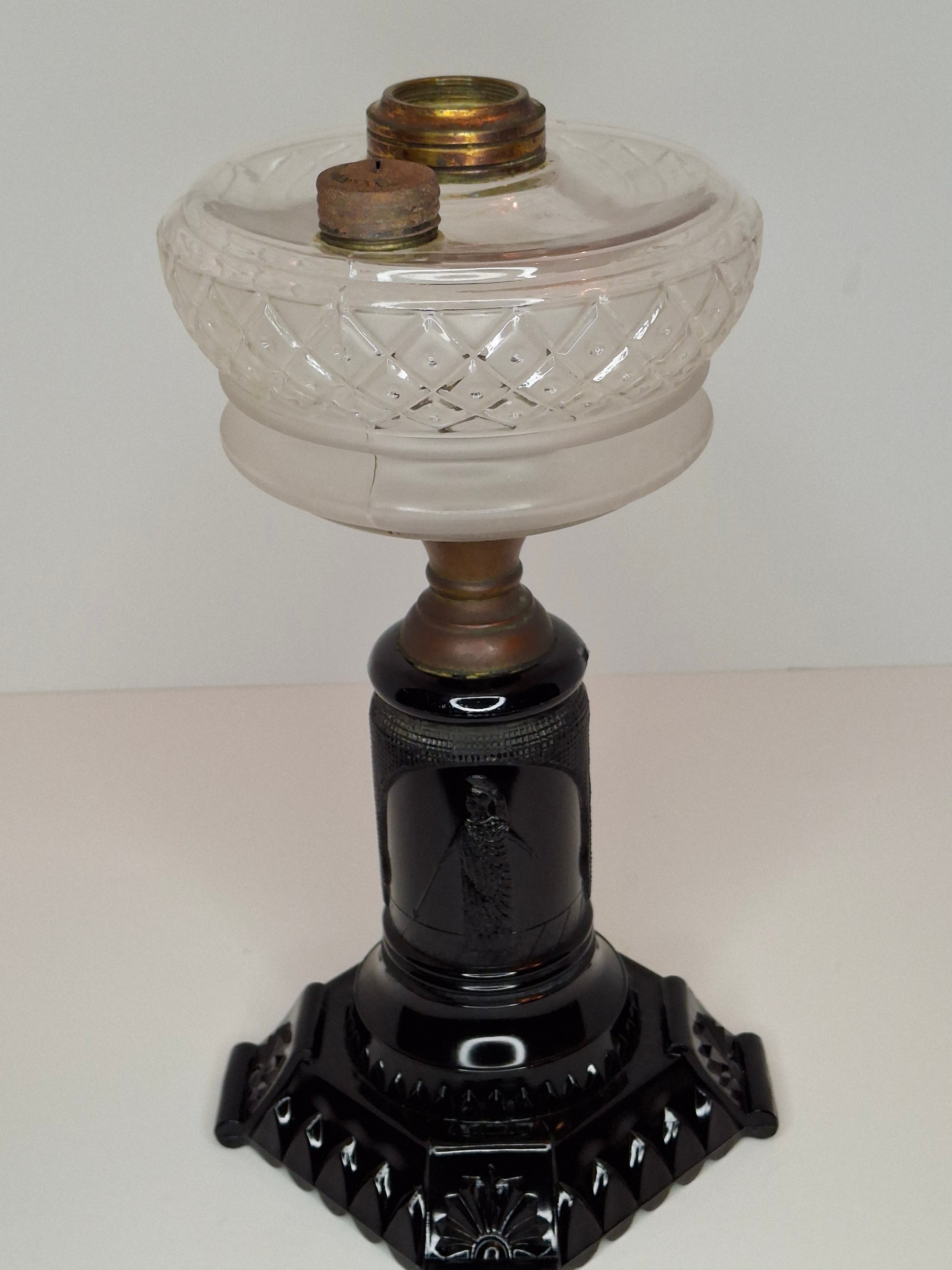 Antique EAPG Adams & Co Minerva Stem Kerosene Stand Lamp Diamond & Dot Font 1880s