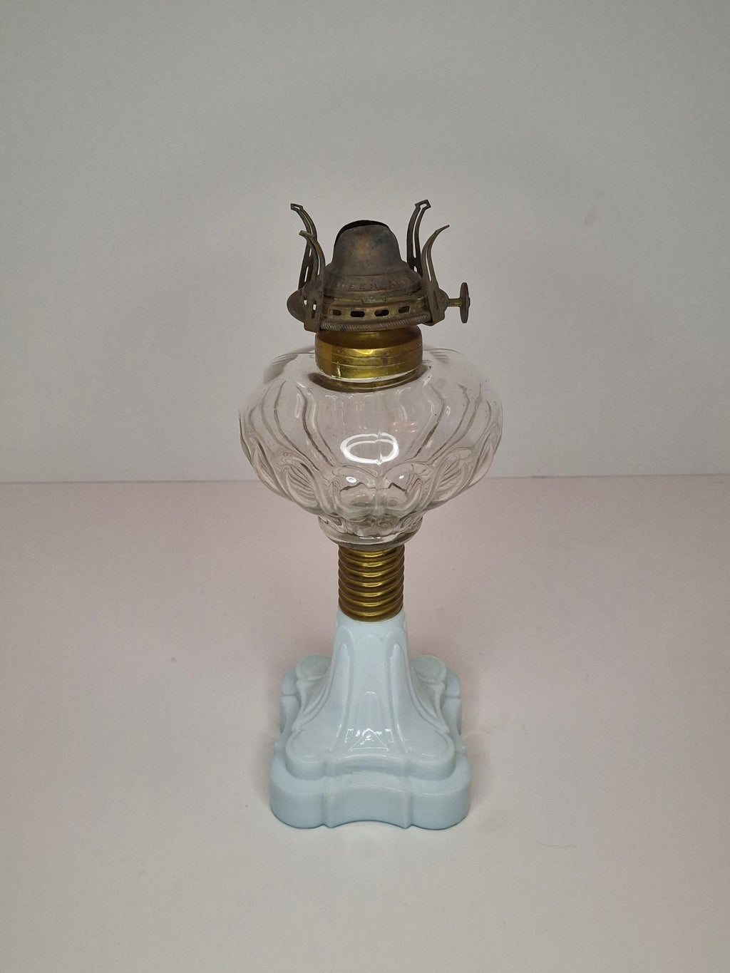 Antique Victorian Oil Lamp Blue Milk Glass Gestler Collection P&A Banner Burner