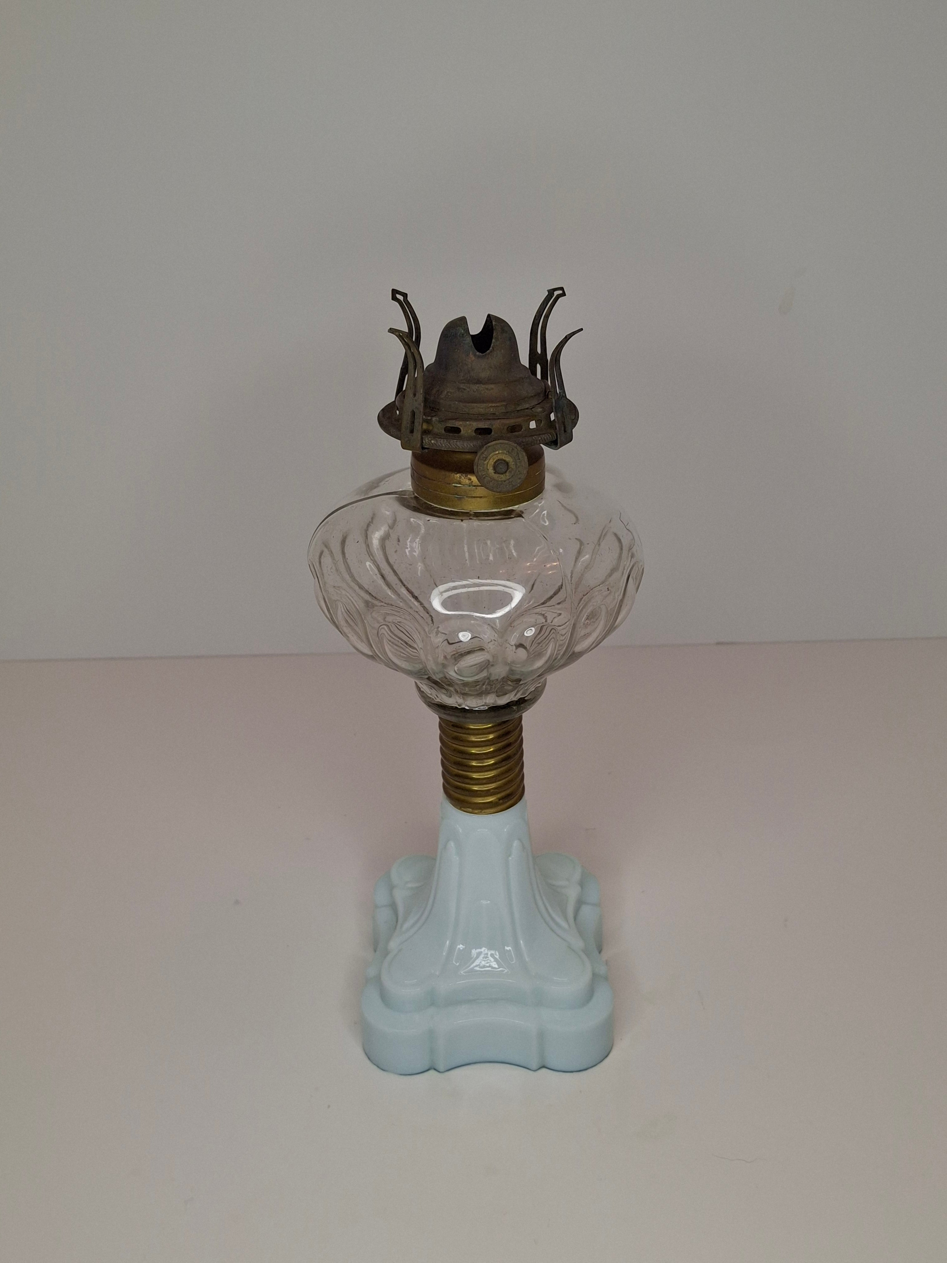 Antique Victorian Oil Lamp Blue Milk Glass Gestler Collection P&A Banner Burner