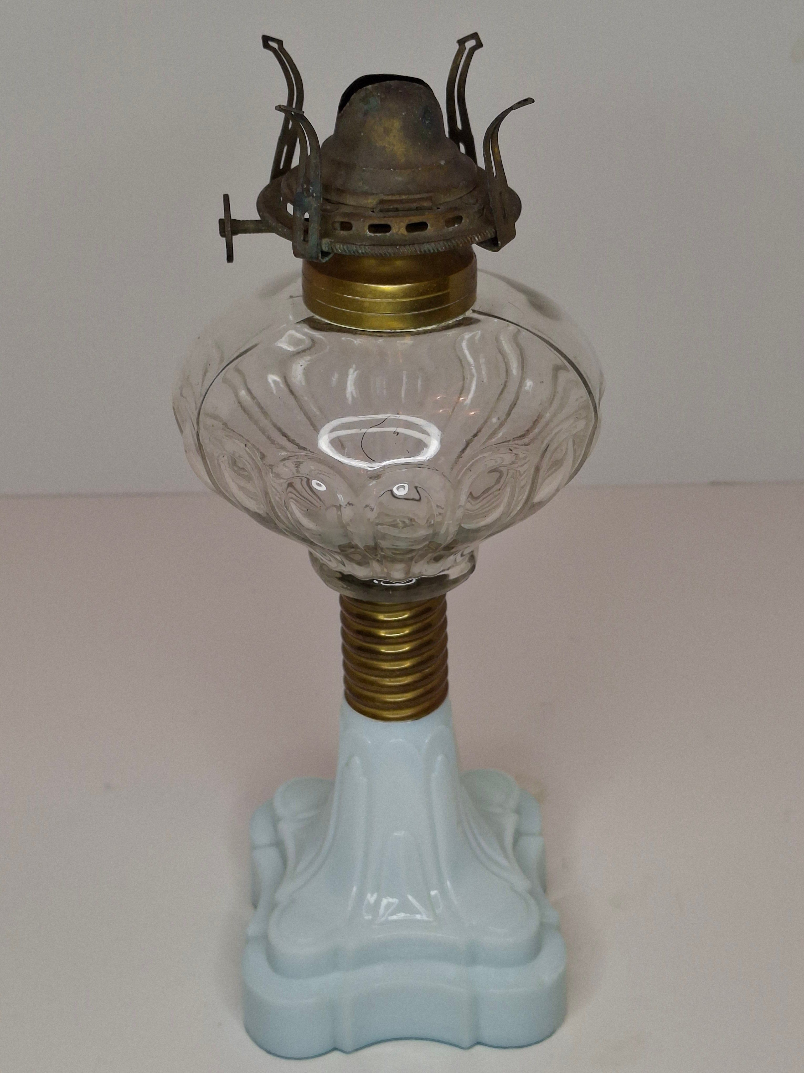 Antique Victorian Oil Lamp Blue Milk Glass Gestler Collection P&A Banner Burner